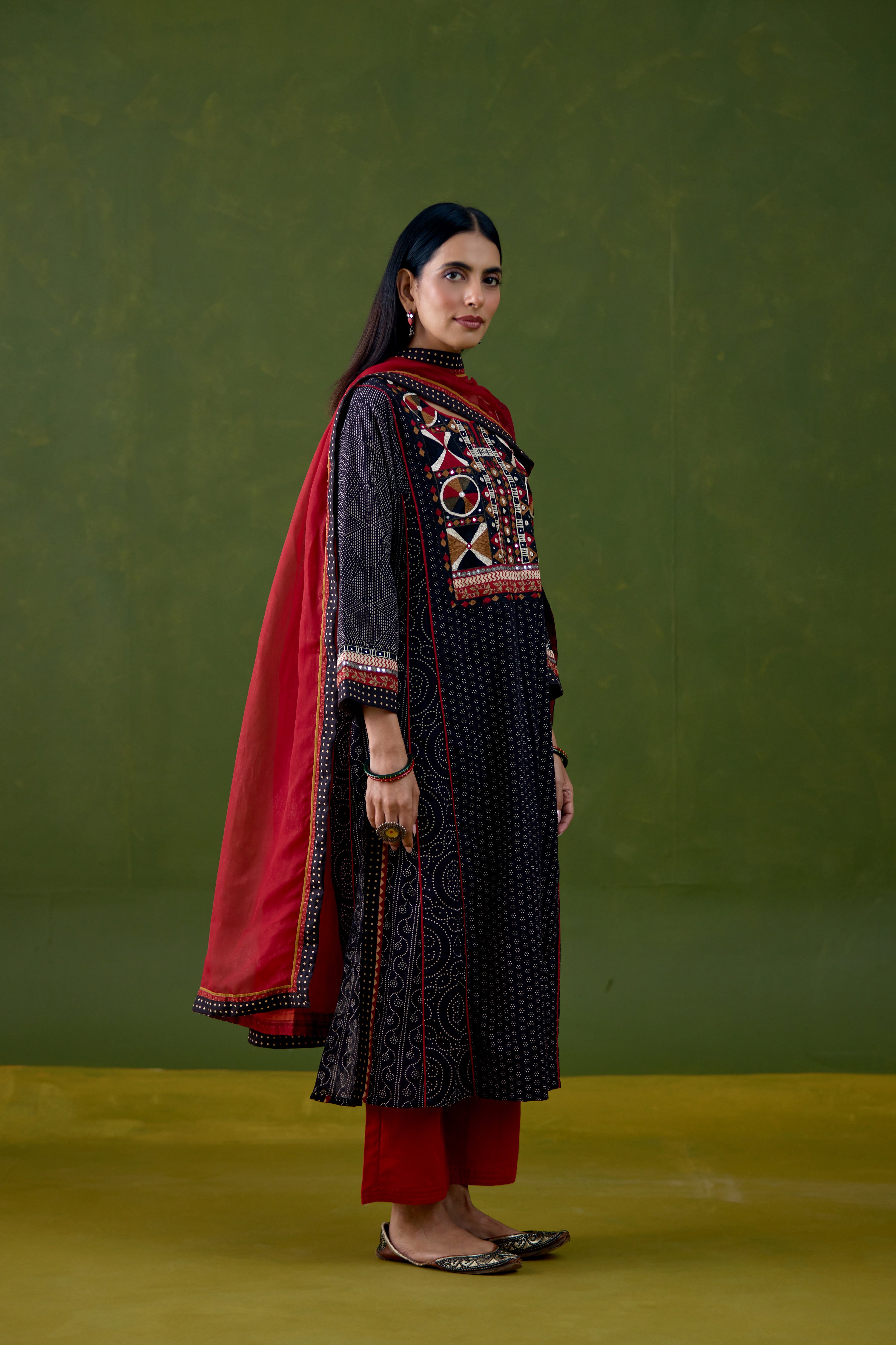 Adya Cotton Ajrakh Printed Embroidered Kurta Black