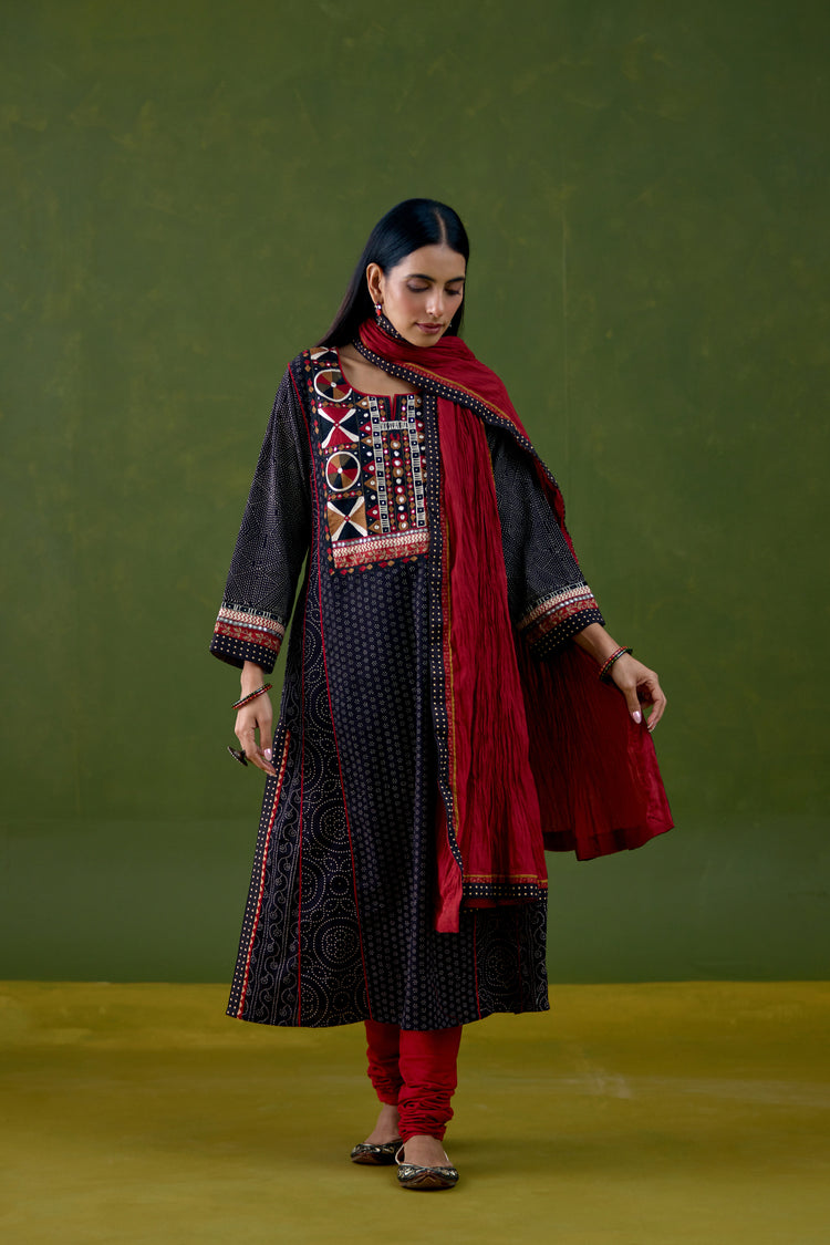 Adya Cotton Ajrakh Printed Embroidered Kurta Black