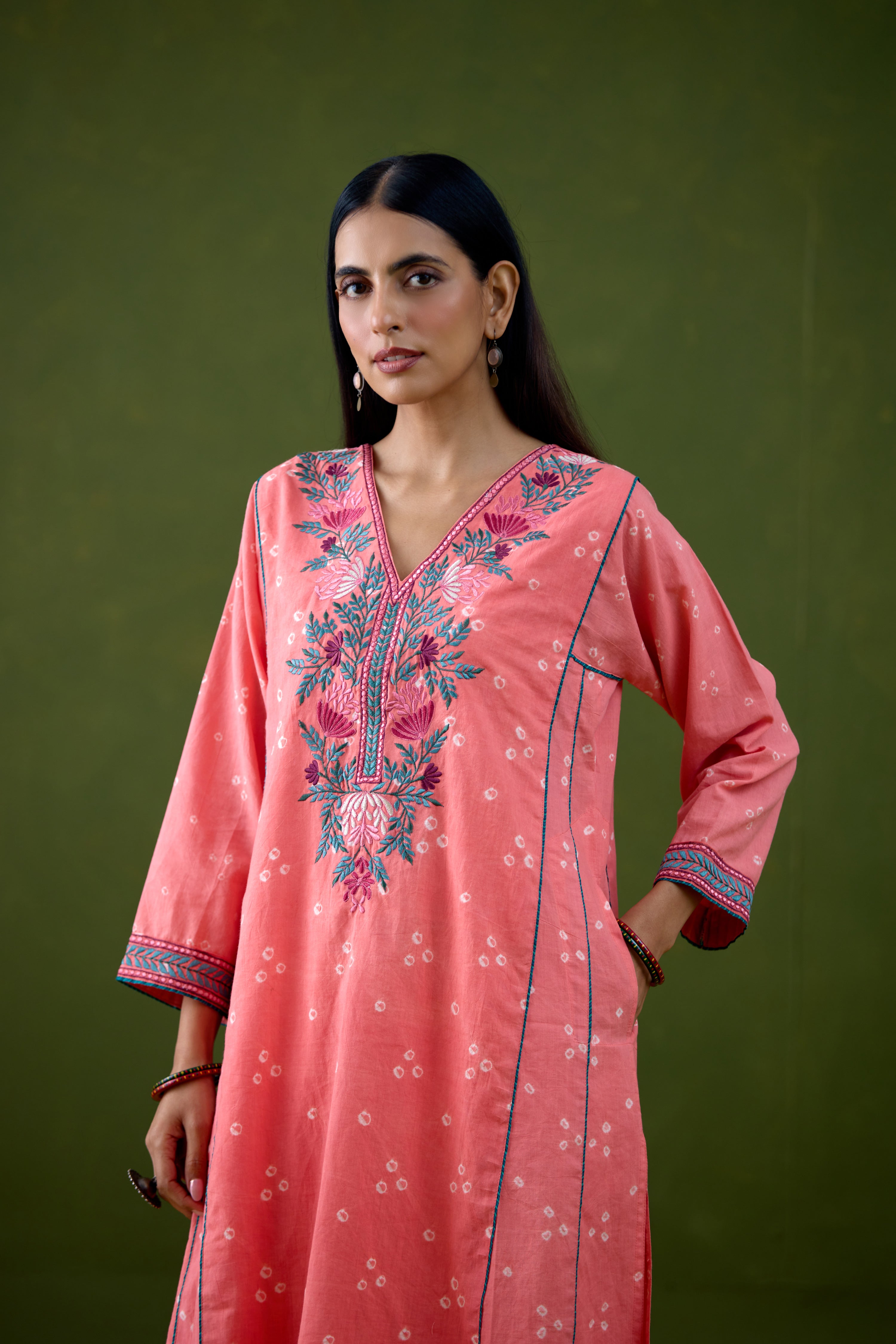 Tulsi Cotton Bandhej Embroidered Kurta Light Peach