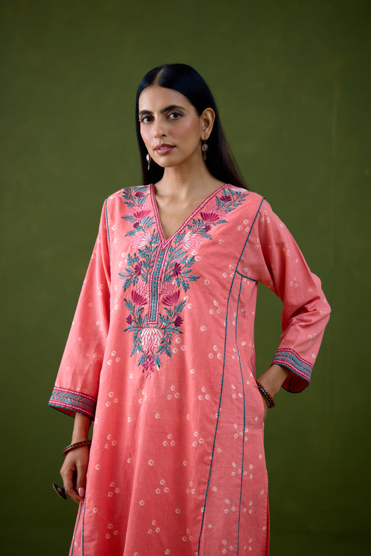 Tulsi Cotton Bandhej Embroidered Kurta Light Peach