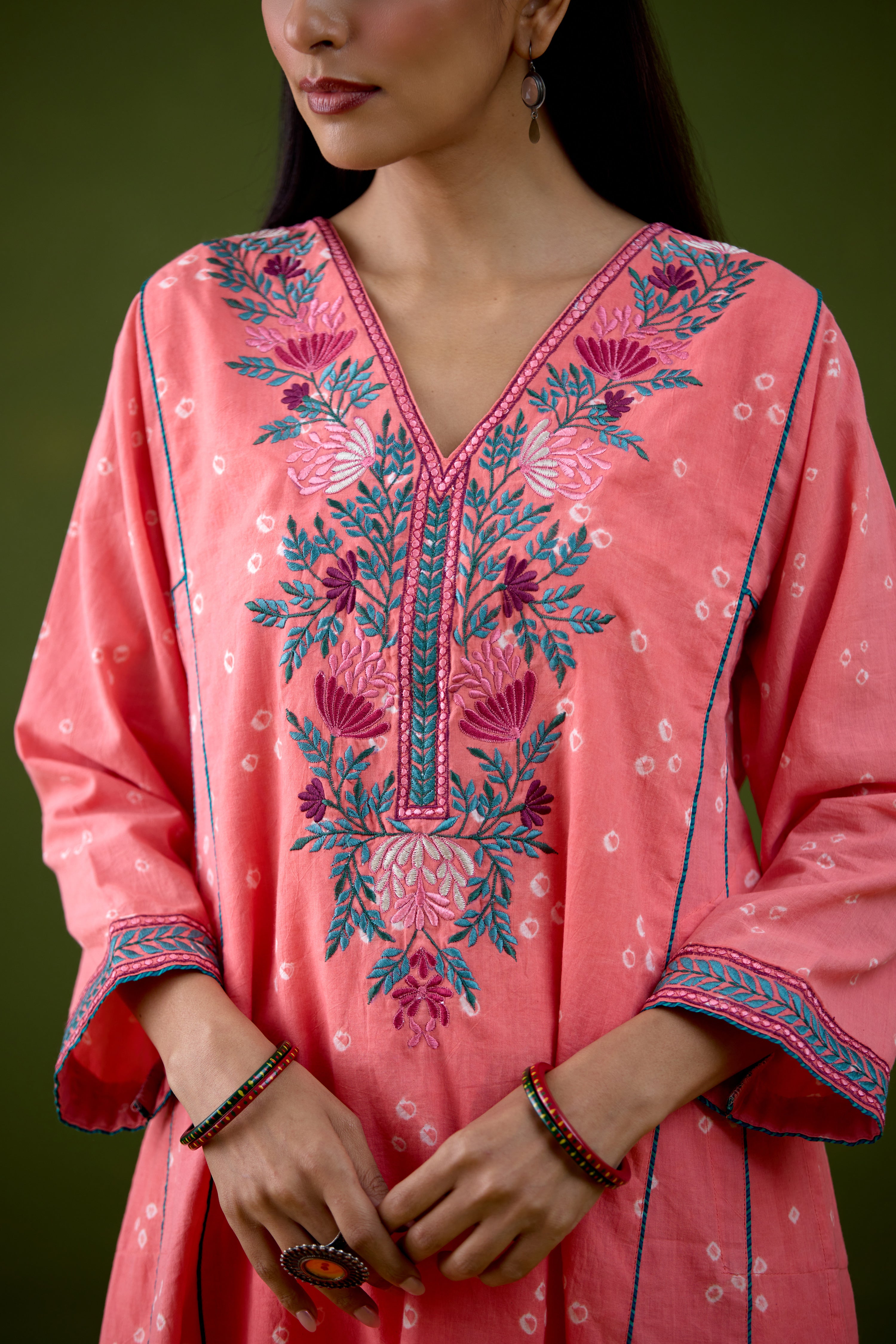Tulsi Cotton Bandhej Embroidered Kurta Light Peach