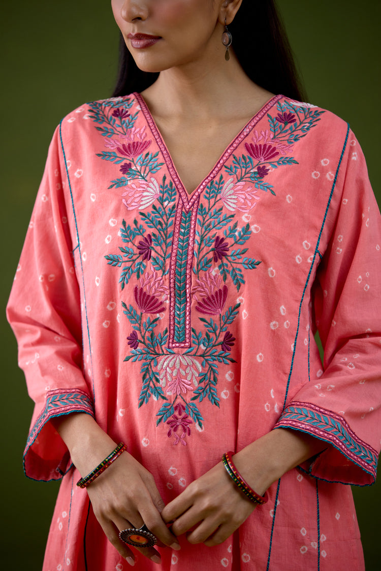 Tulsi Cotton Bandhej Embroidered Kurta Light Peach