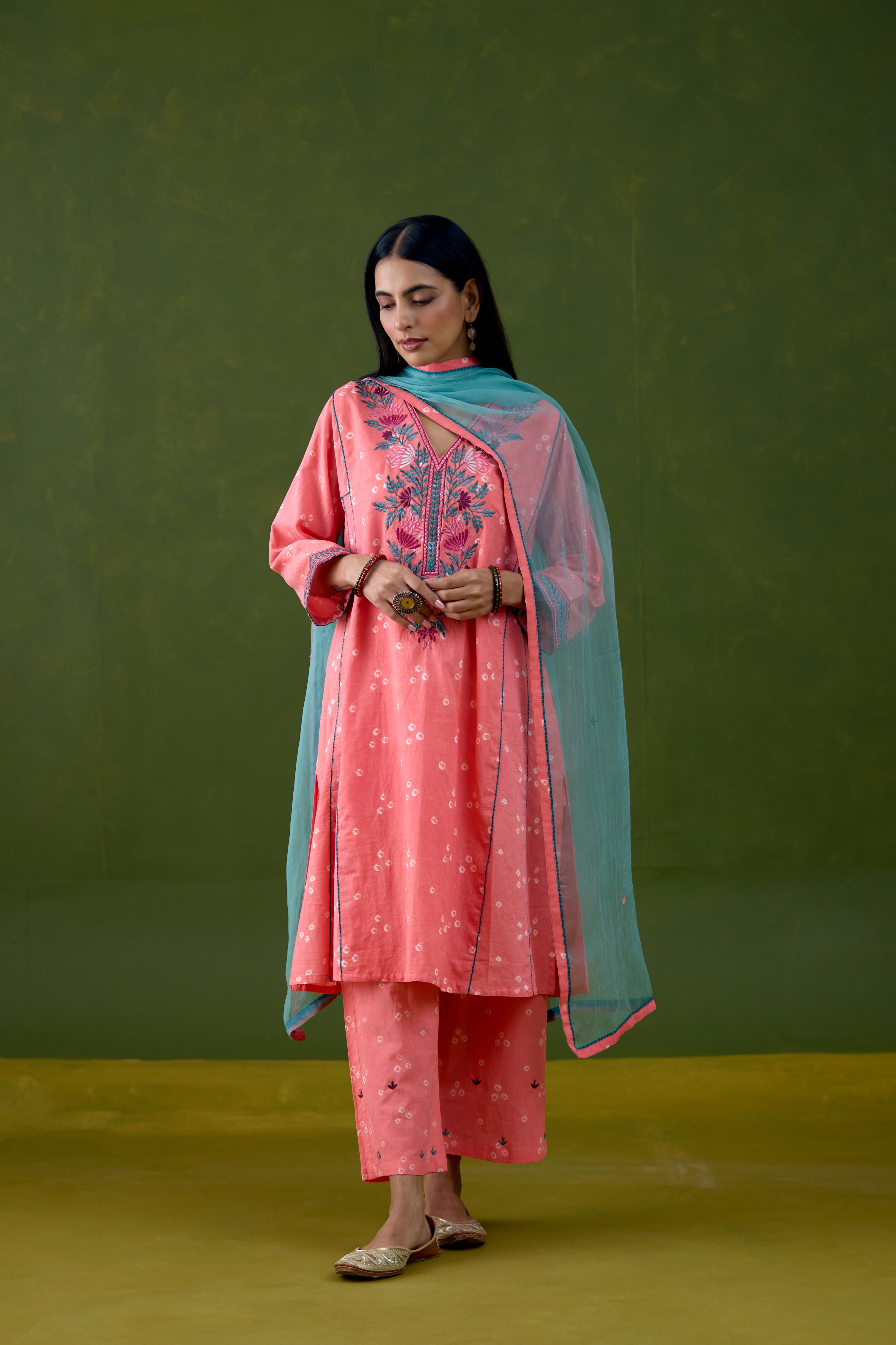 Tulsi Cotton Bandhej Embroidered Kurta Light Peach
