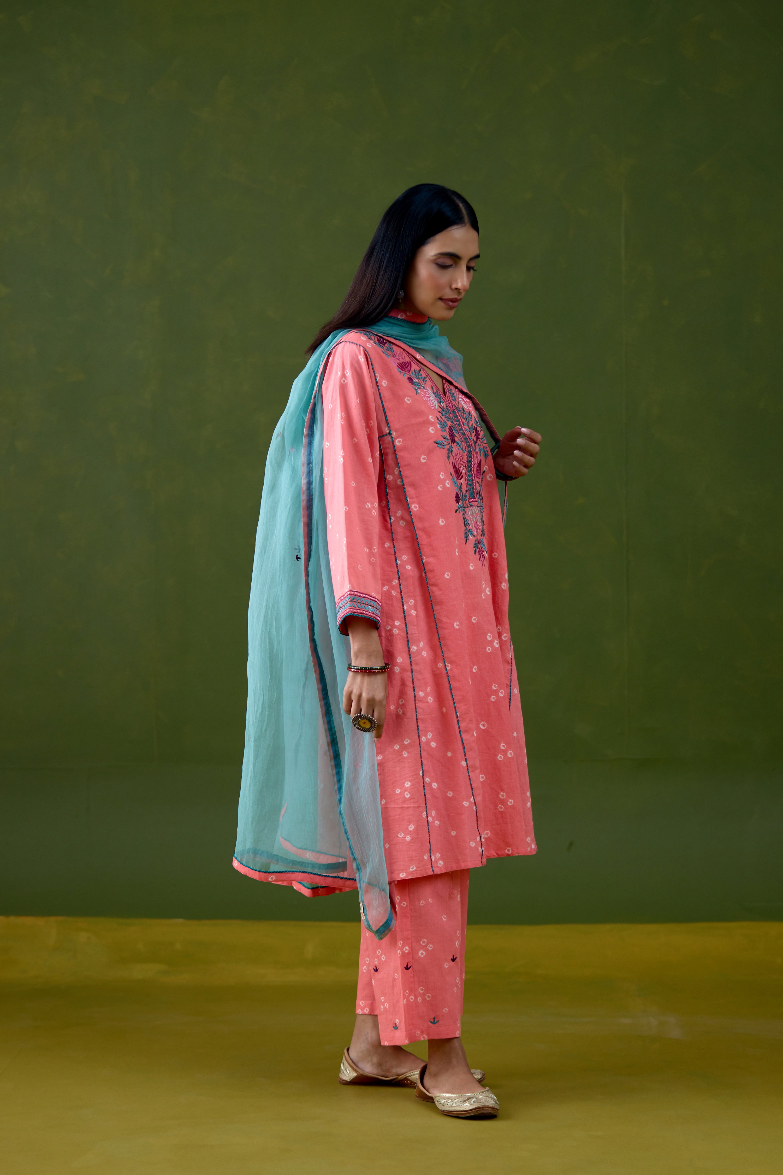 Tulsi Cotton Bandhej Embroidered Kurta Light Peach