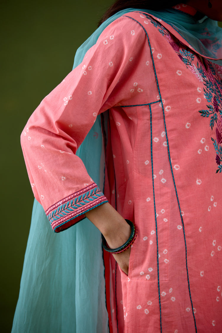 Tulsi Cotton Bandhej Embroidered Kurta Light Peach