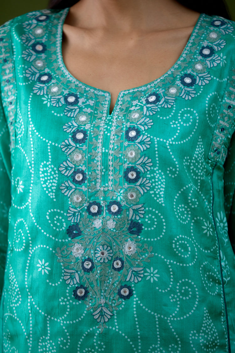 Dienne Tussar Silk Embroidered Kurta Sea Green