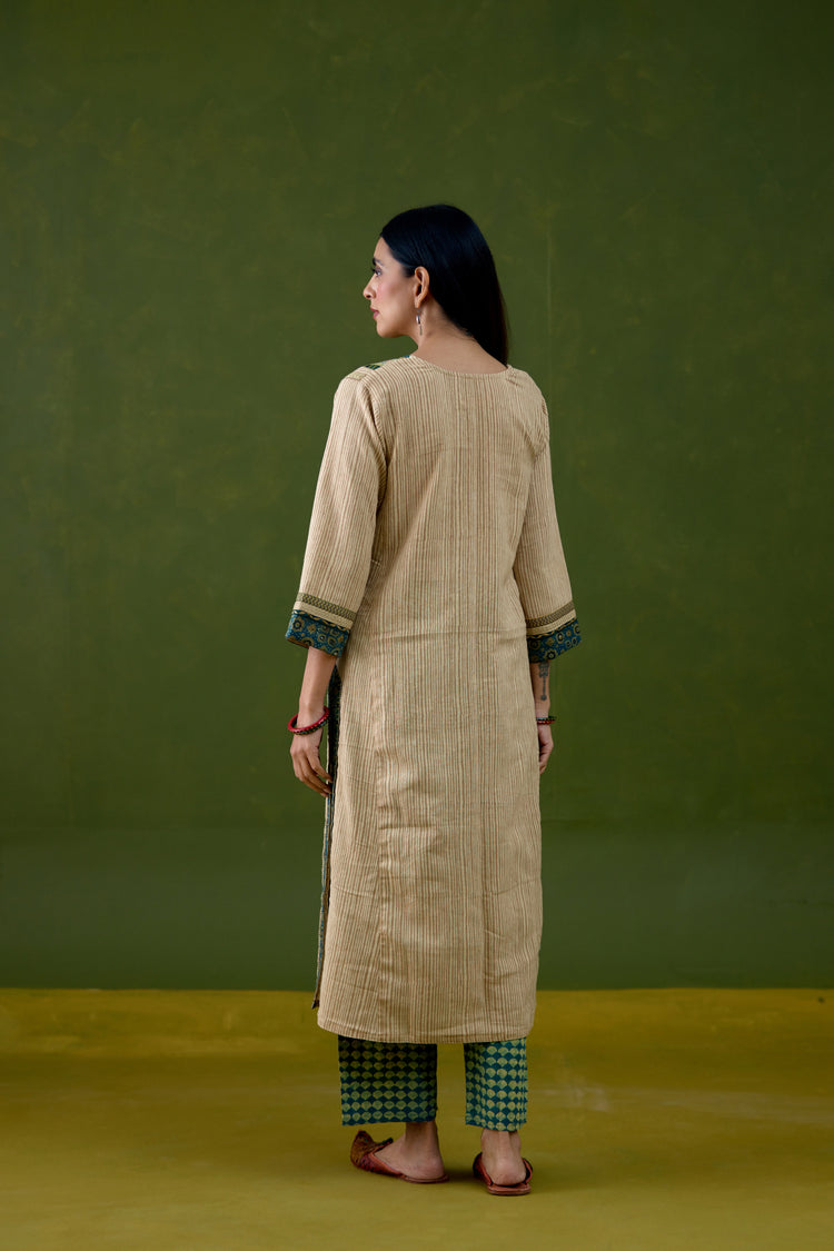 Rozana Woven Thick Cotton Printed Kurta Beige