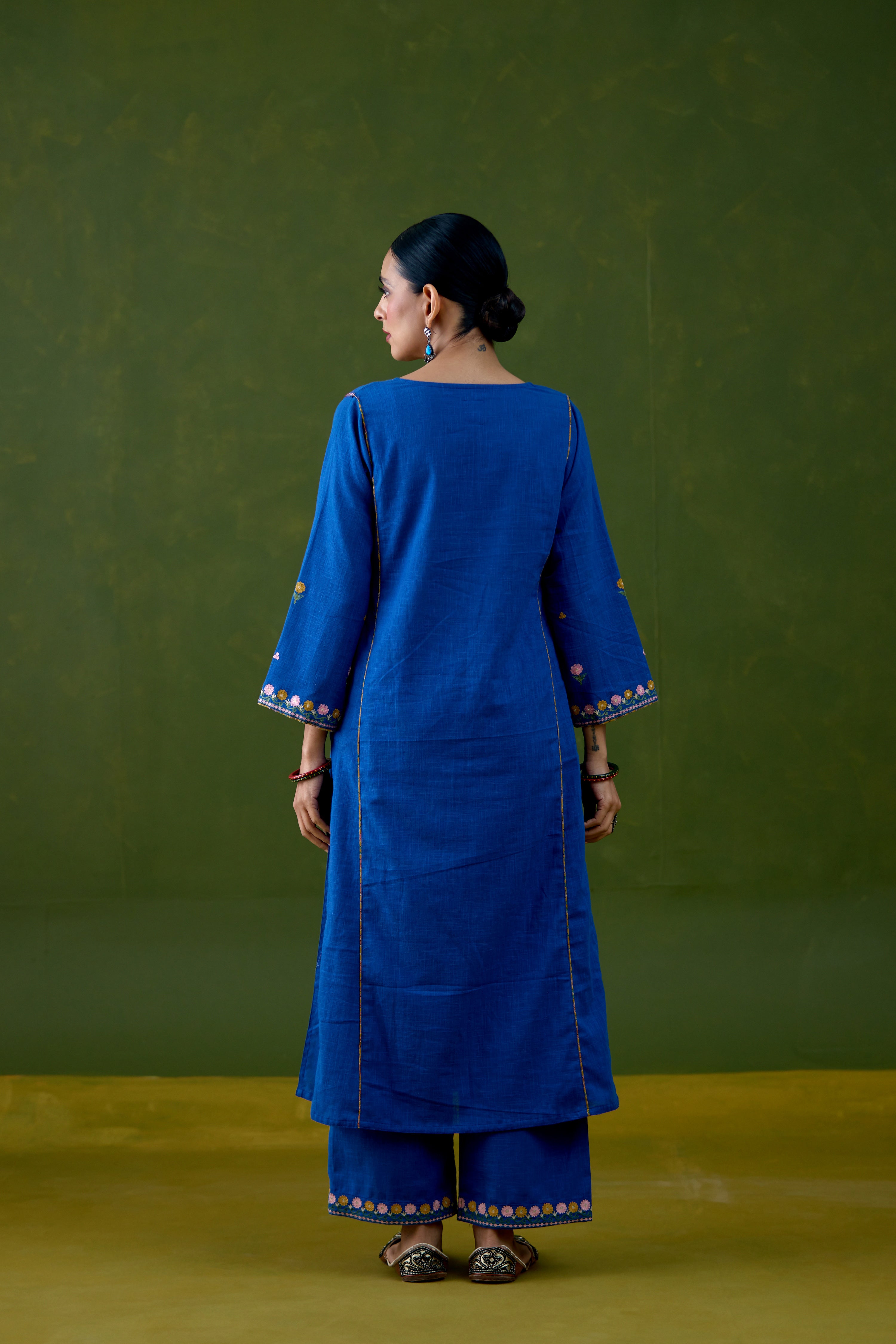 Tulsi Cotton Slub Embroidered Kurta Blue (Set Of 3)