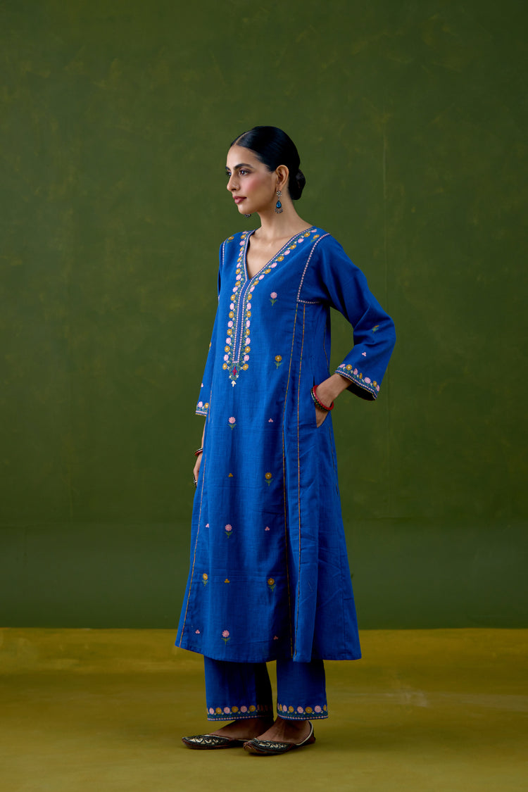 Tulsi Cotton Slub Embroidered Kurta Blue (Set Of 3)