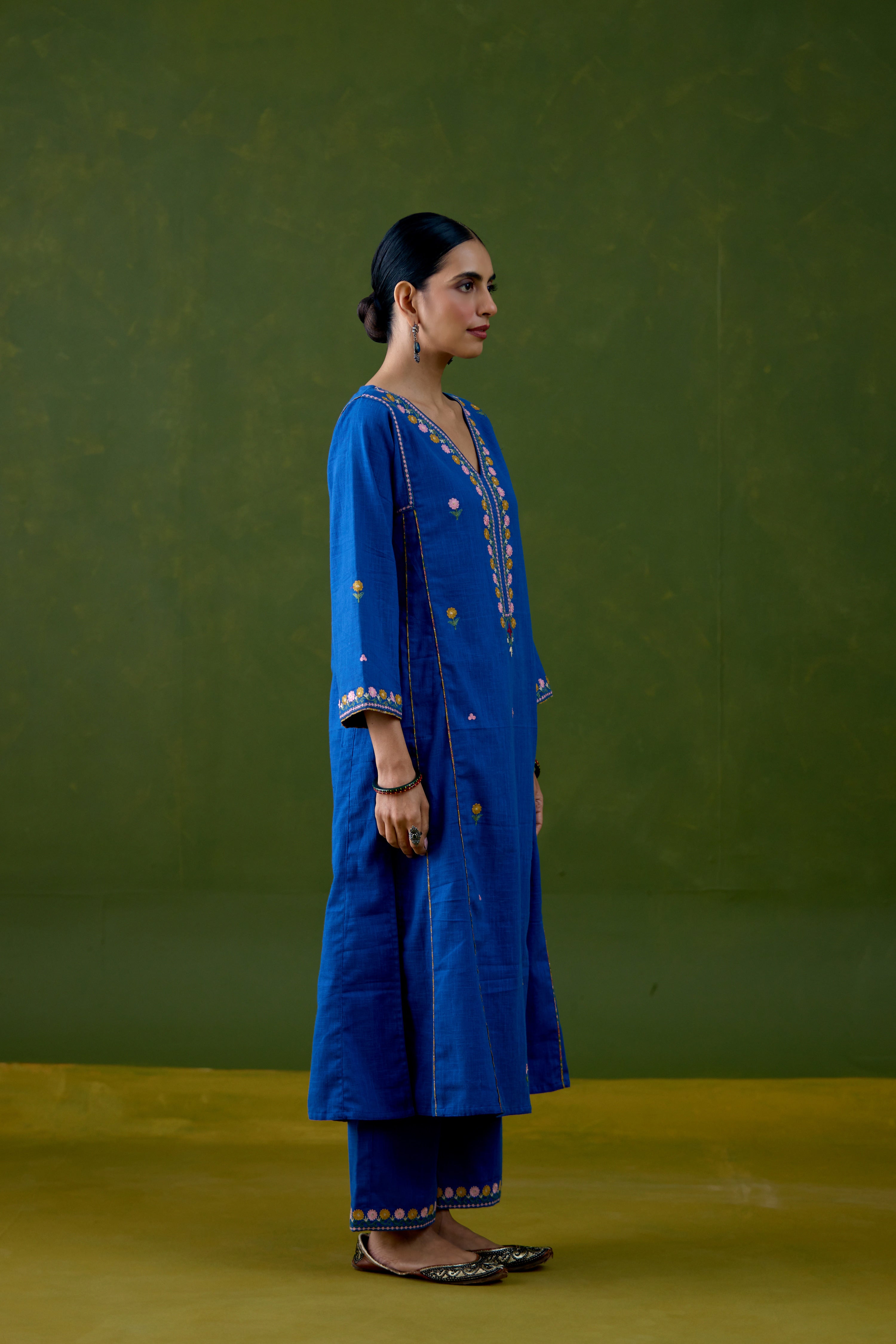 Tulsi Cotton Slub Embroidered Kurta Blue (Set Of 3)