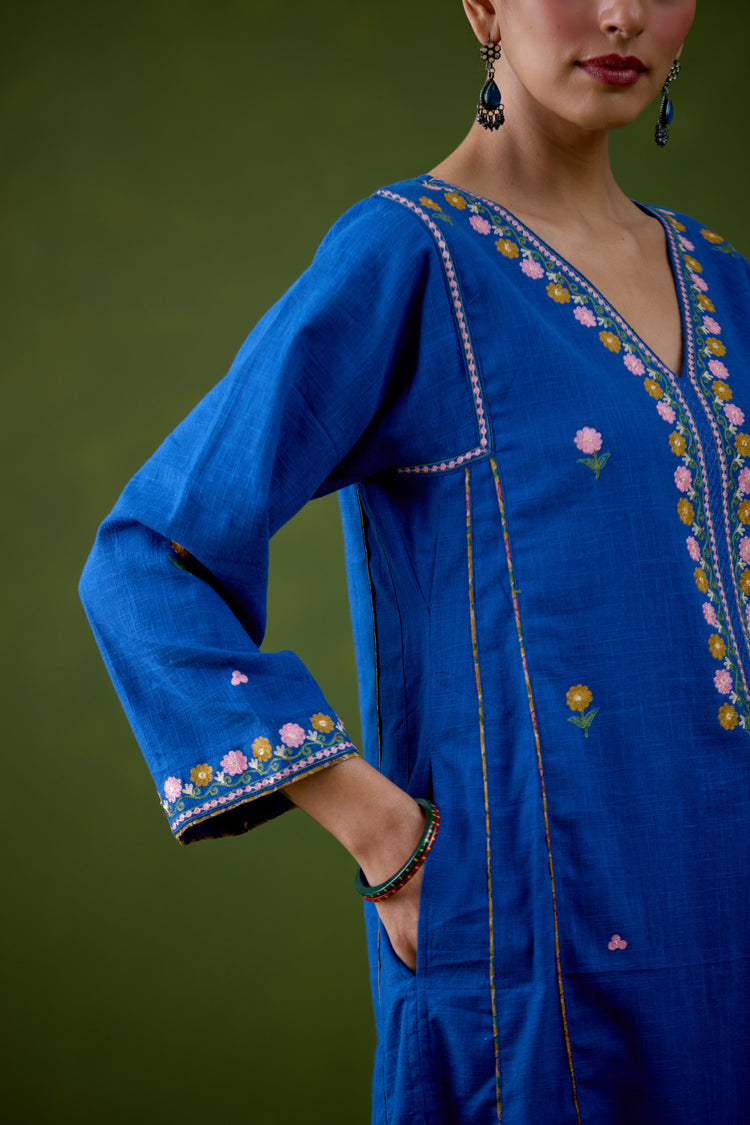 Tulsi Cotton Slub Embroidered Kurta Blue (Set Of 3)