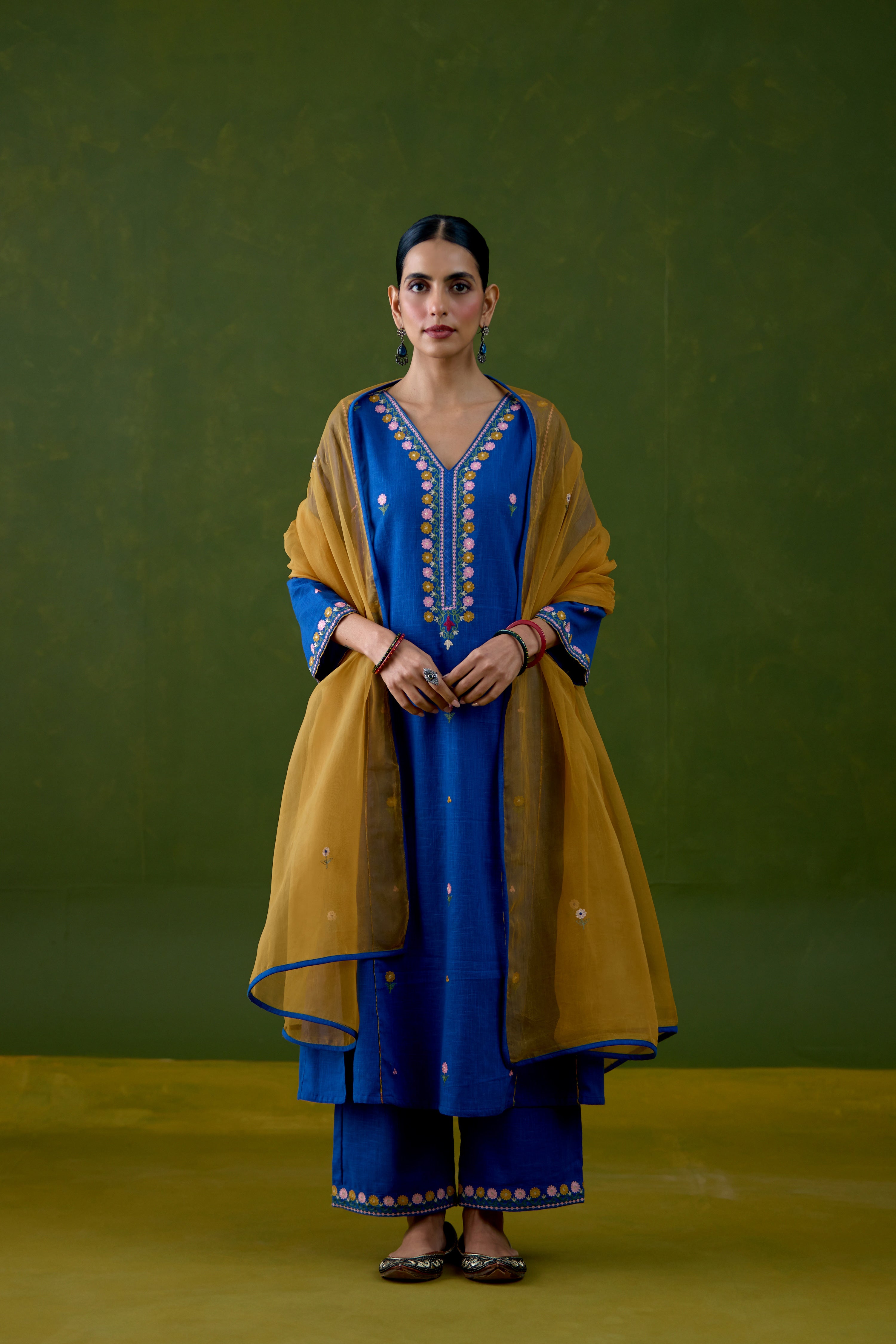 Tulsi Cotton Slub Embroidered Kurta Blue (Set Of 3)