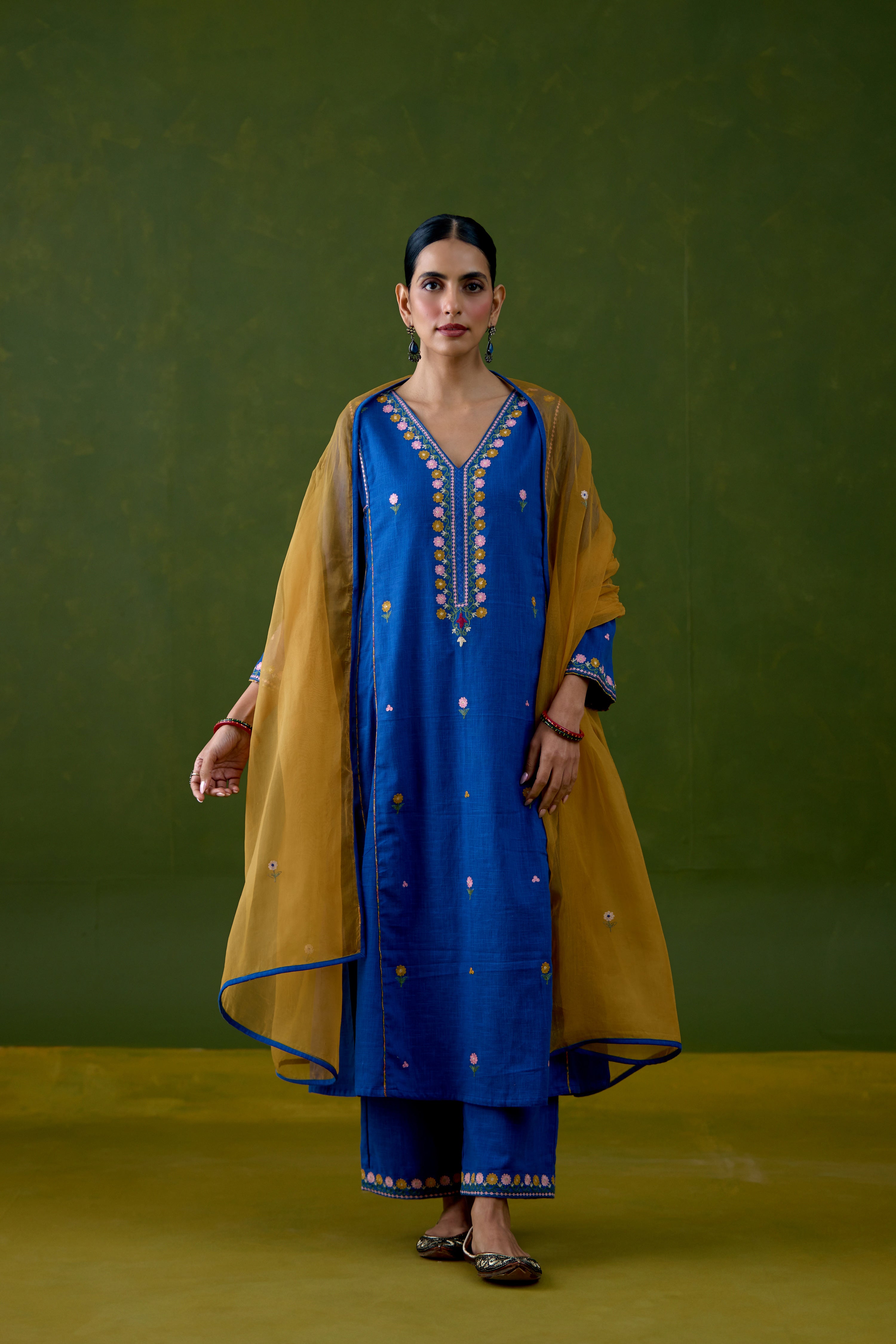 Tulsi Cotton Slub Embroidered Kurta Blue (Set Of 3)