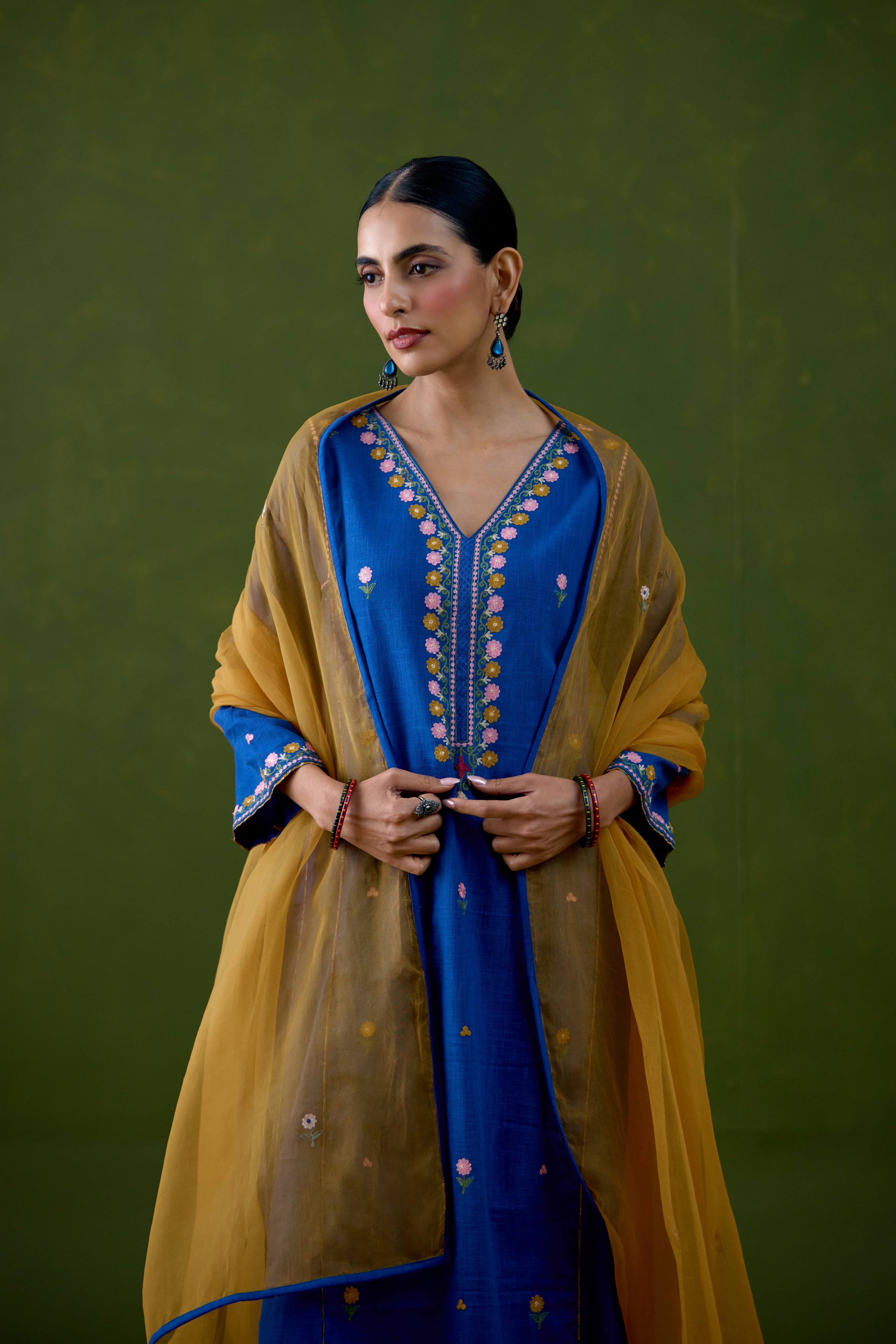 Tulsi Cotton Slub Embroidered Kurta Blue (Set Of 3)