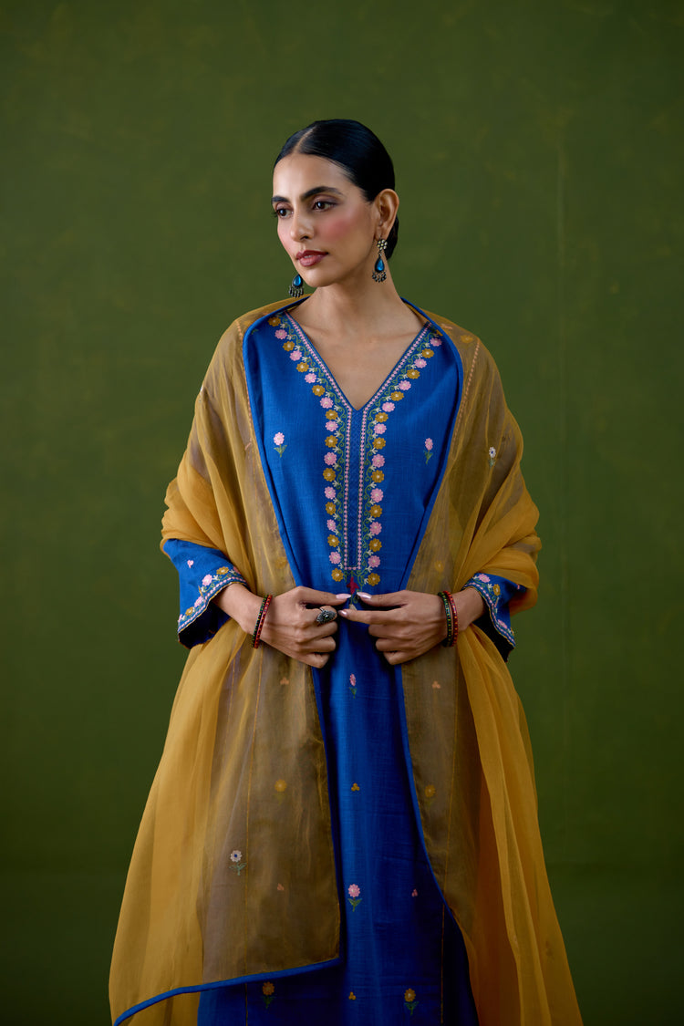 Tulsi Cotton Slub Embroidered Kurta Blue (Set Of 3)