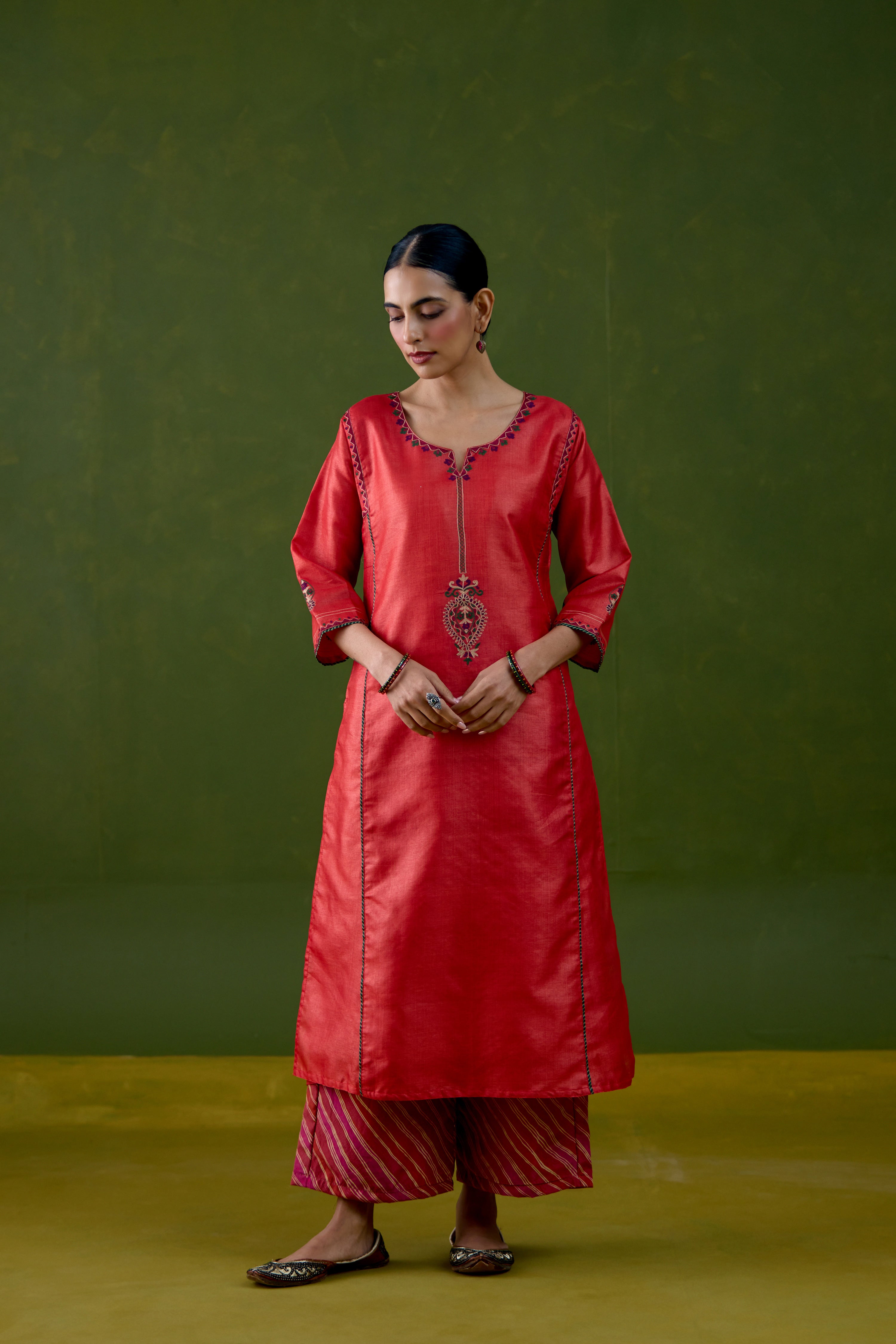 Dienne Tussar Silk Embroidered Kurta Orange