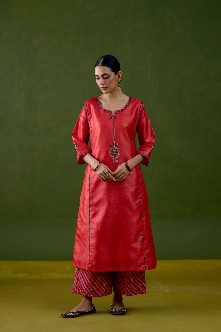 Dienne Tussar Silk Embroidered Kurta Orange