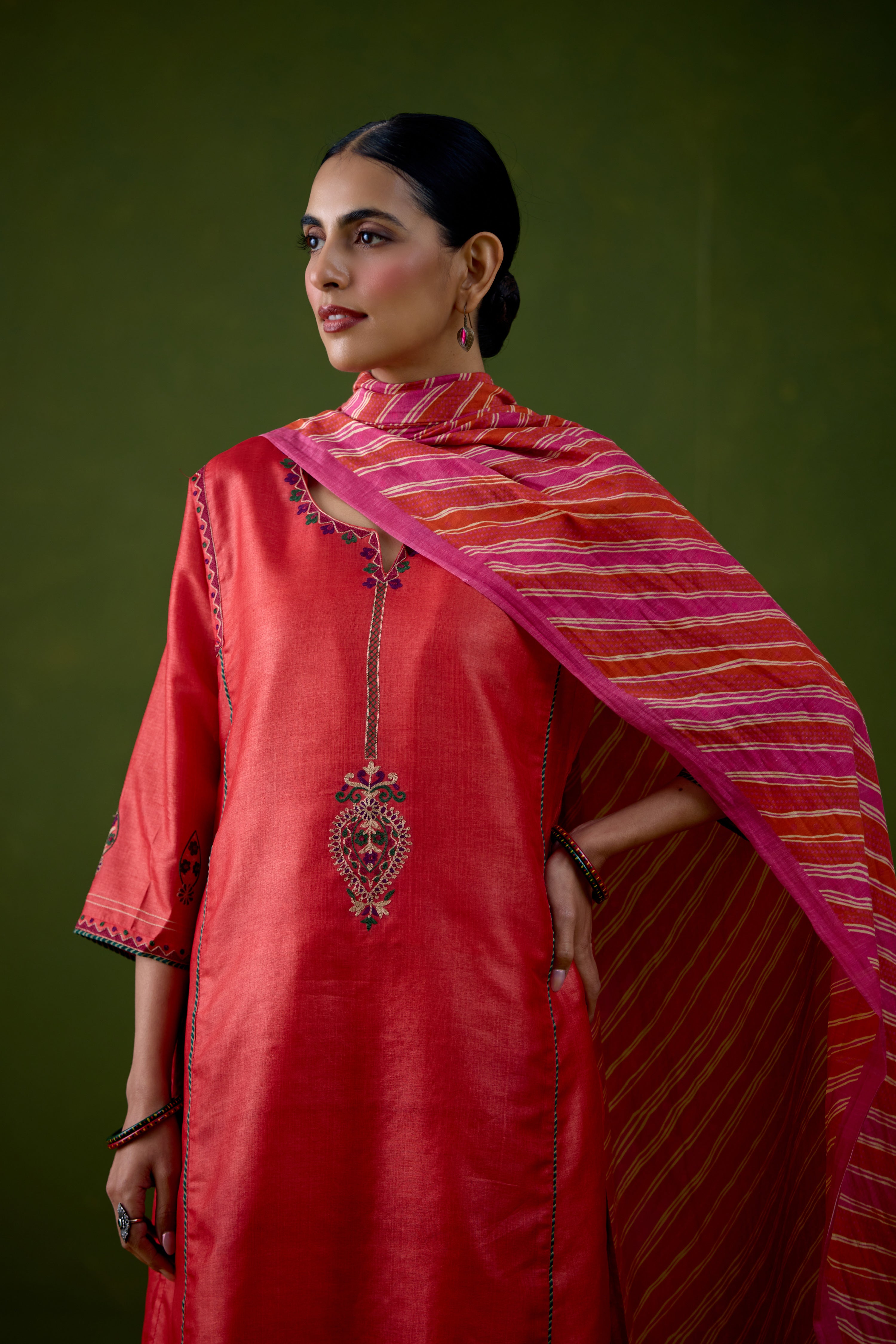 Dienne Tussar Silk Embroidered Kurta Orange