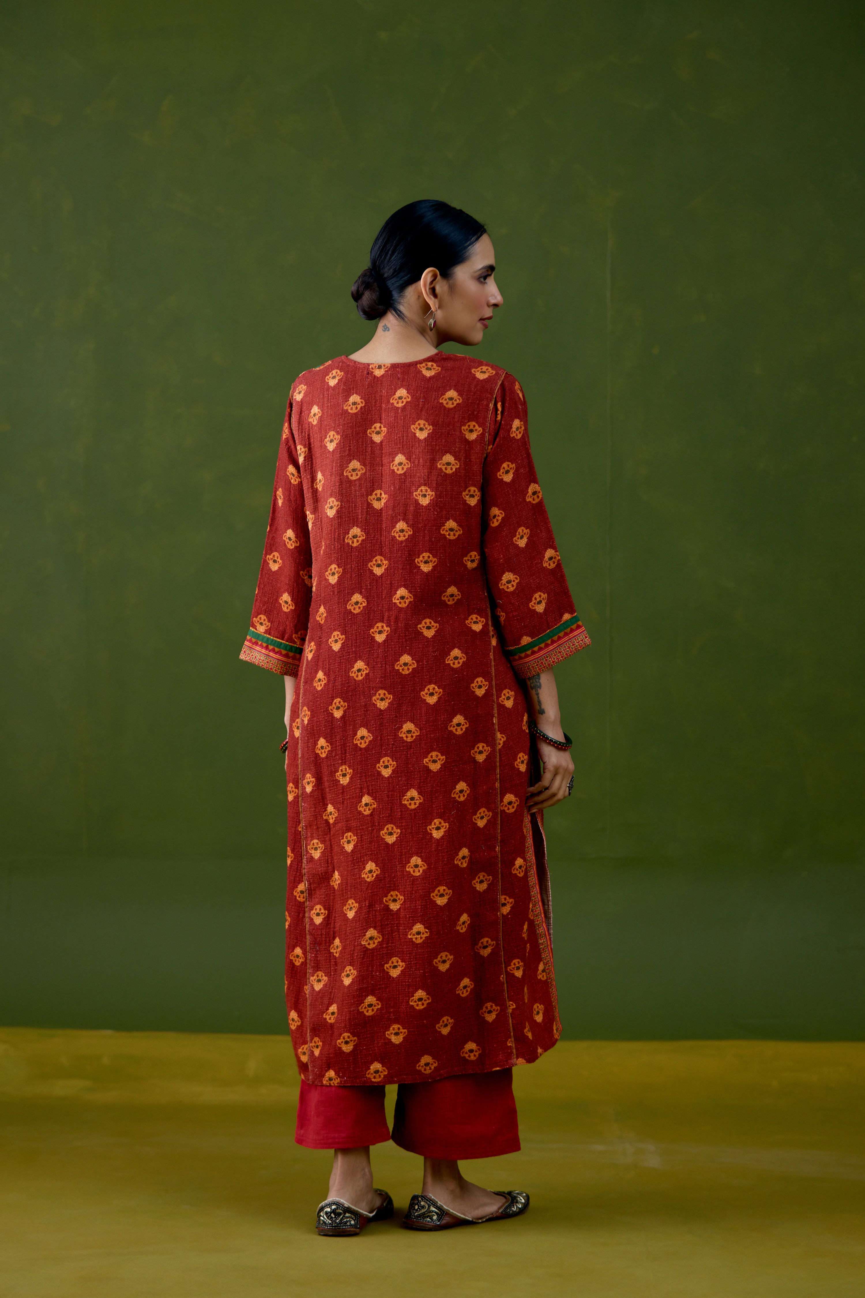 Rozana Thick Cotton Printed Kurta Red Orange