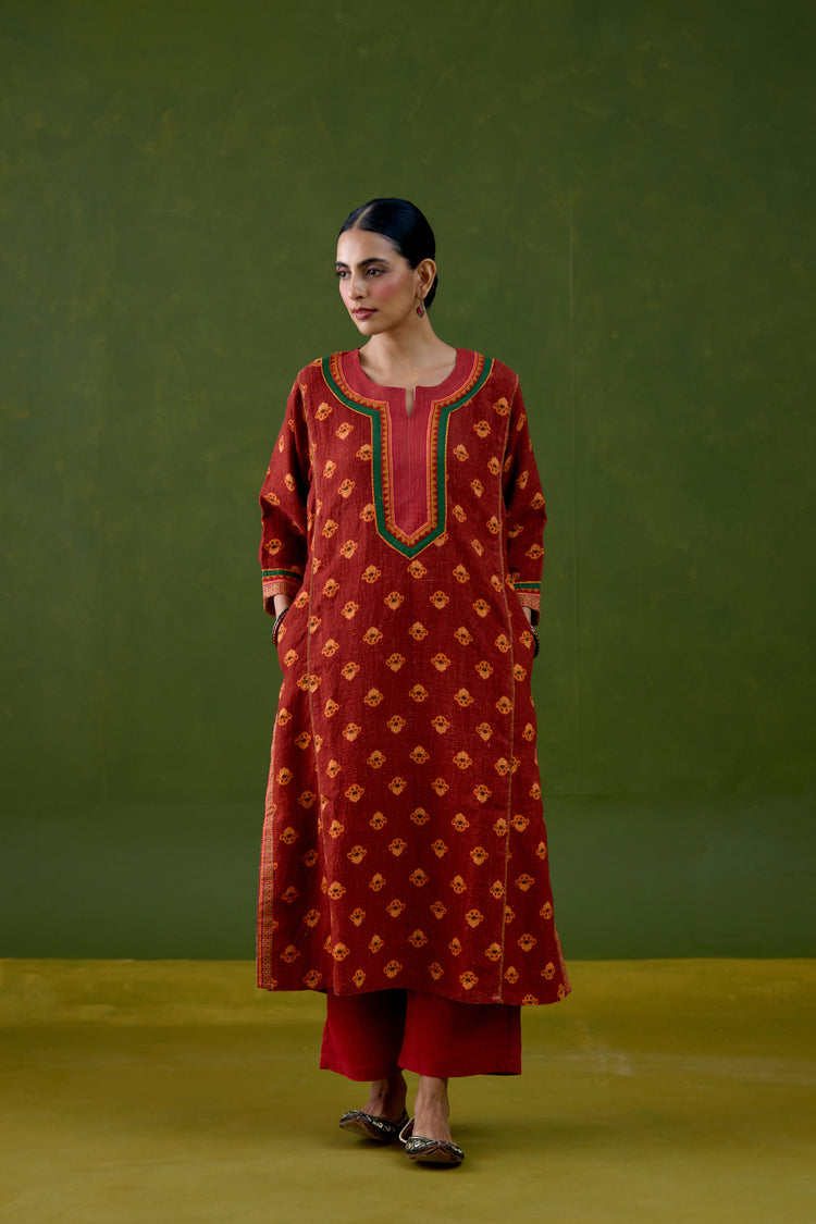 Rozana Thick Cotton Printed Kurta Red Orange