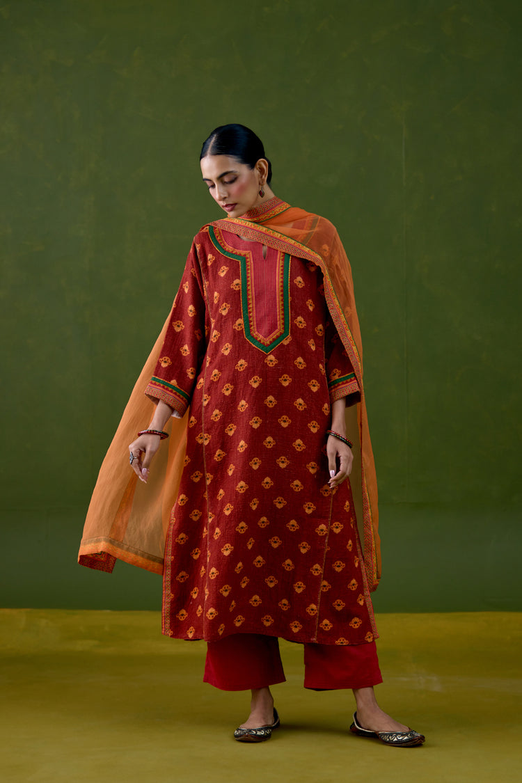 Rozana Thick Cotton Printed Kurta Red Orange