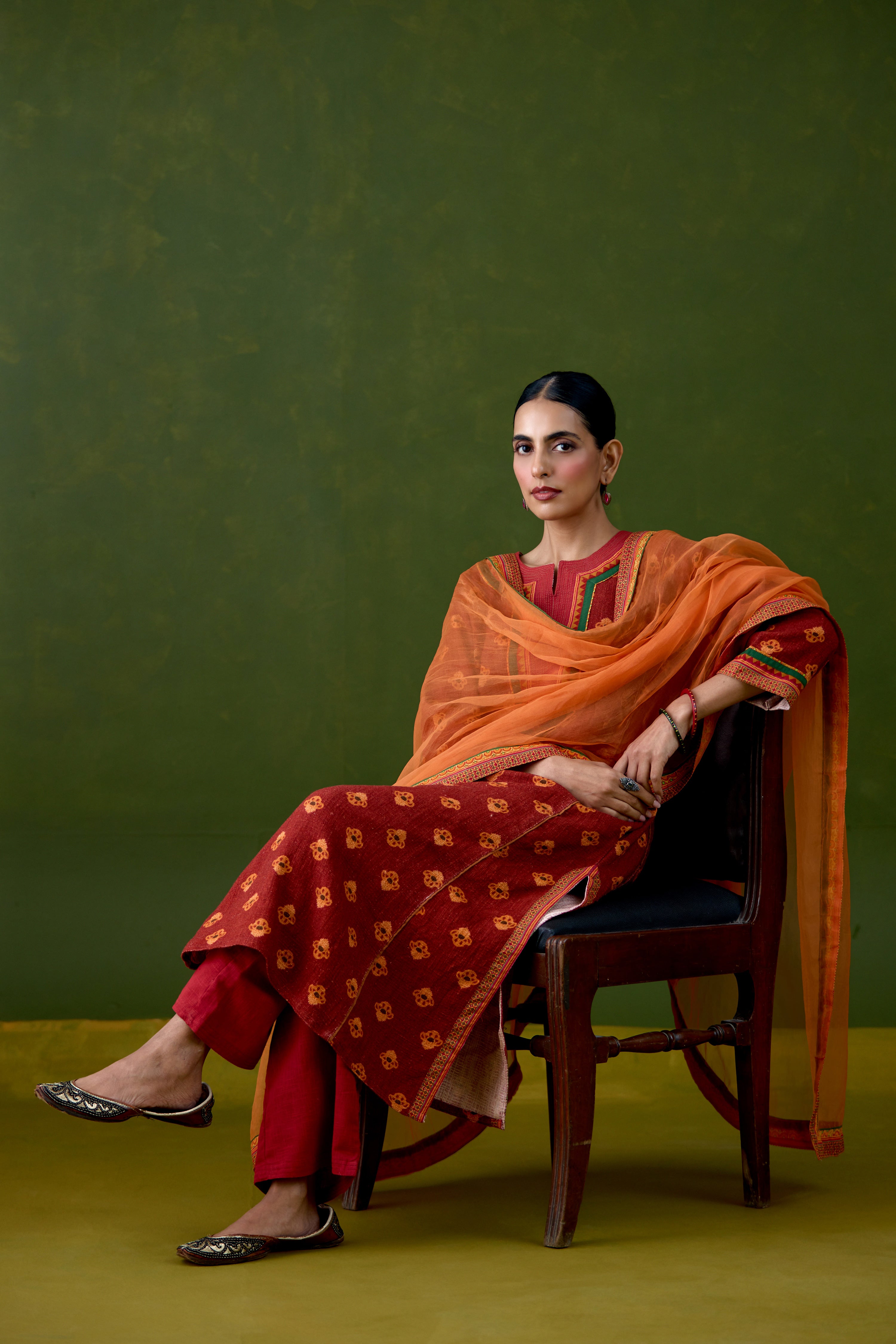 Rozana Thick Cotton Printed Kurta Red Orange