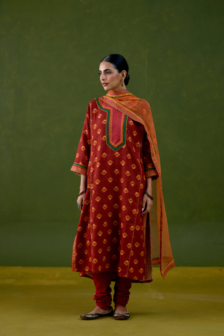 Rozana Thick Cotton Printed Kurta Red Orange