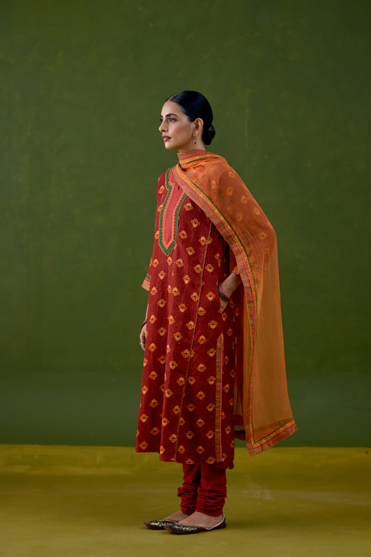 Rozana Thick Cotton Printed Kurta Red Orange