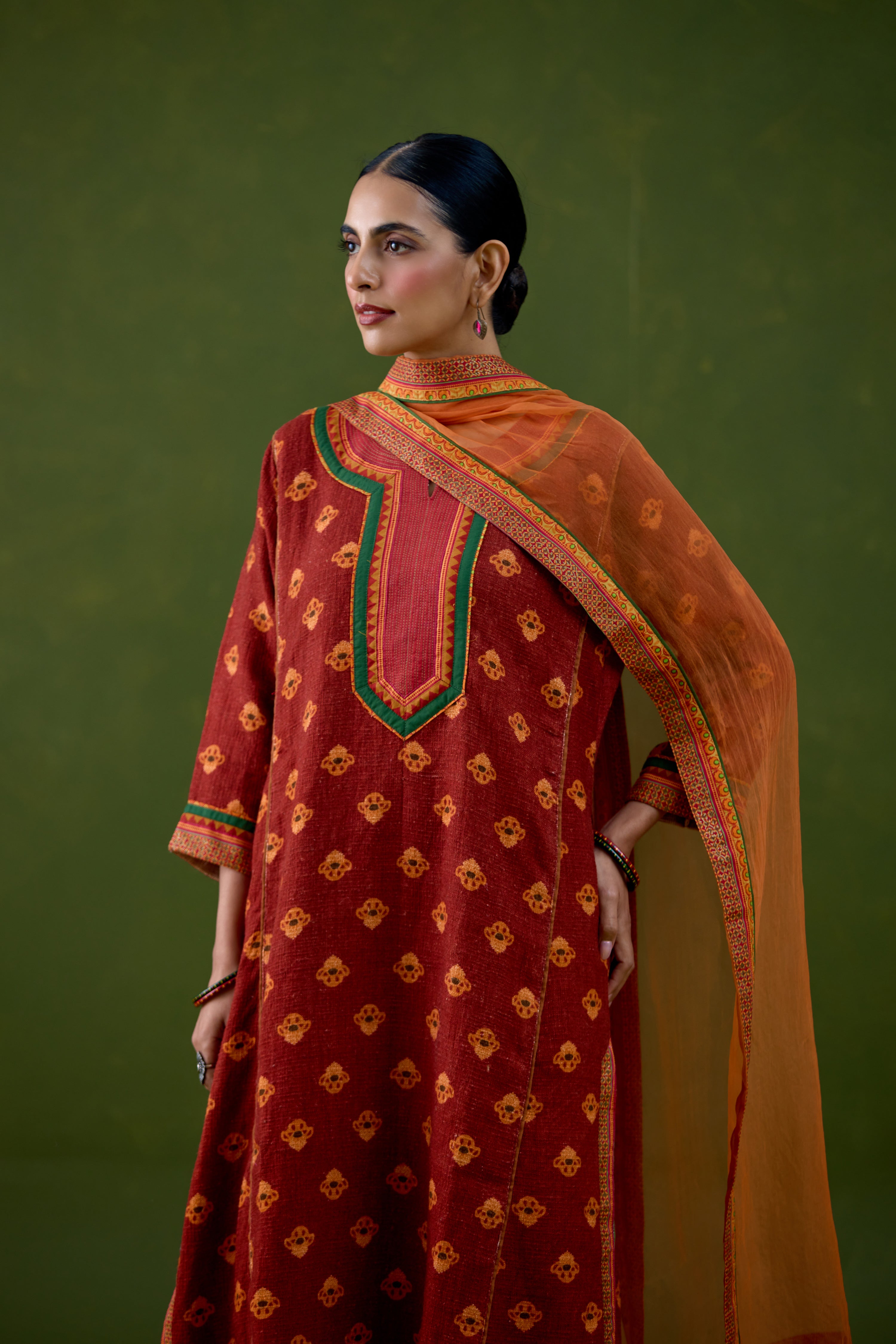 Rozana Thick Cotton Printed Kurta Red Orange