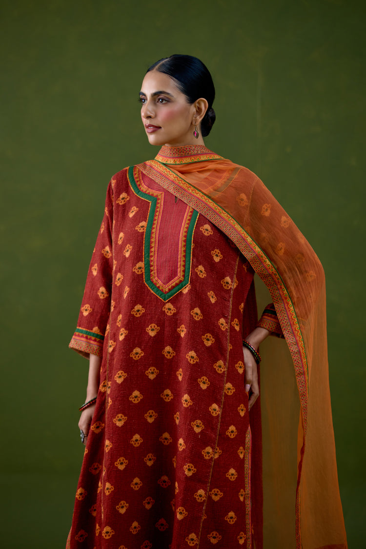 Rozana Thick Cotton Printed Kurta Red Orange