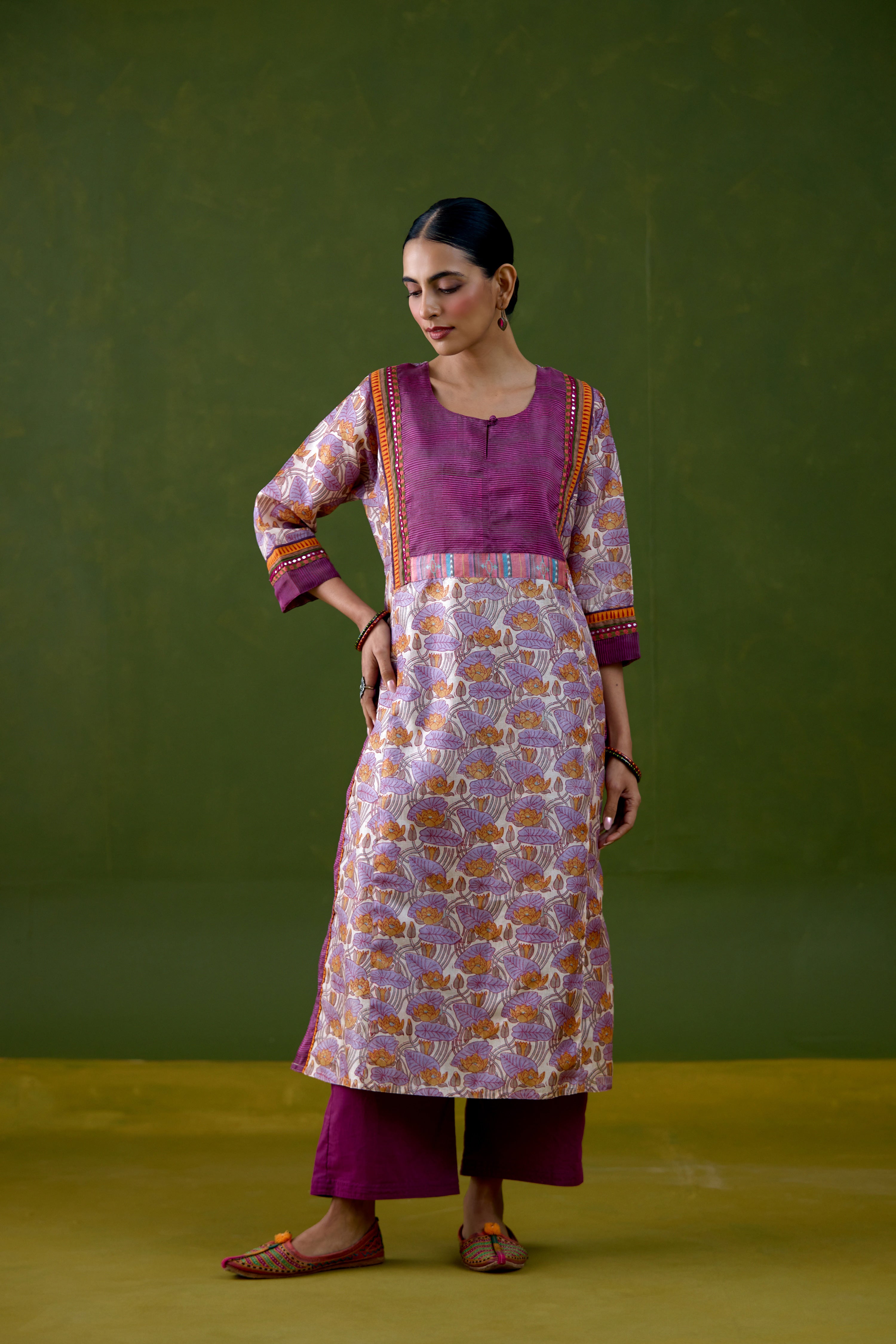 Rozana Tussar Silk Printed Kurta Off White Mauve