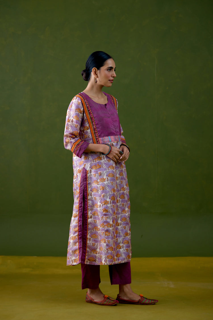Rozana Tussar Silk Printed Kurta Off White Mauve