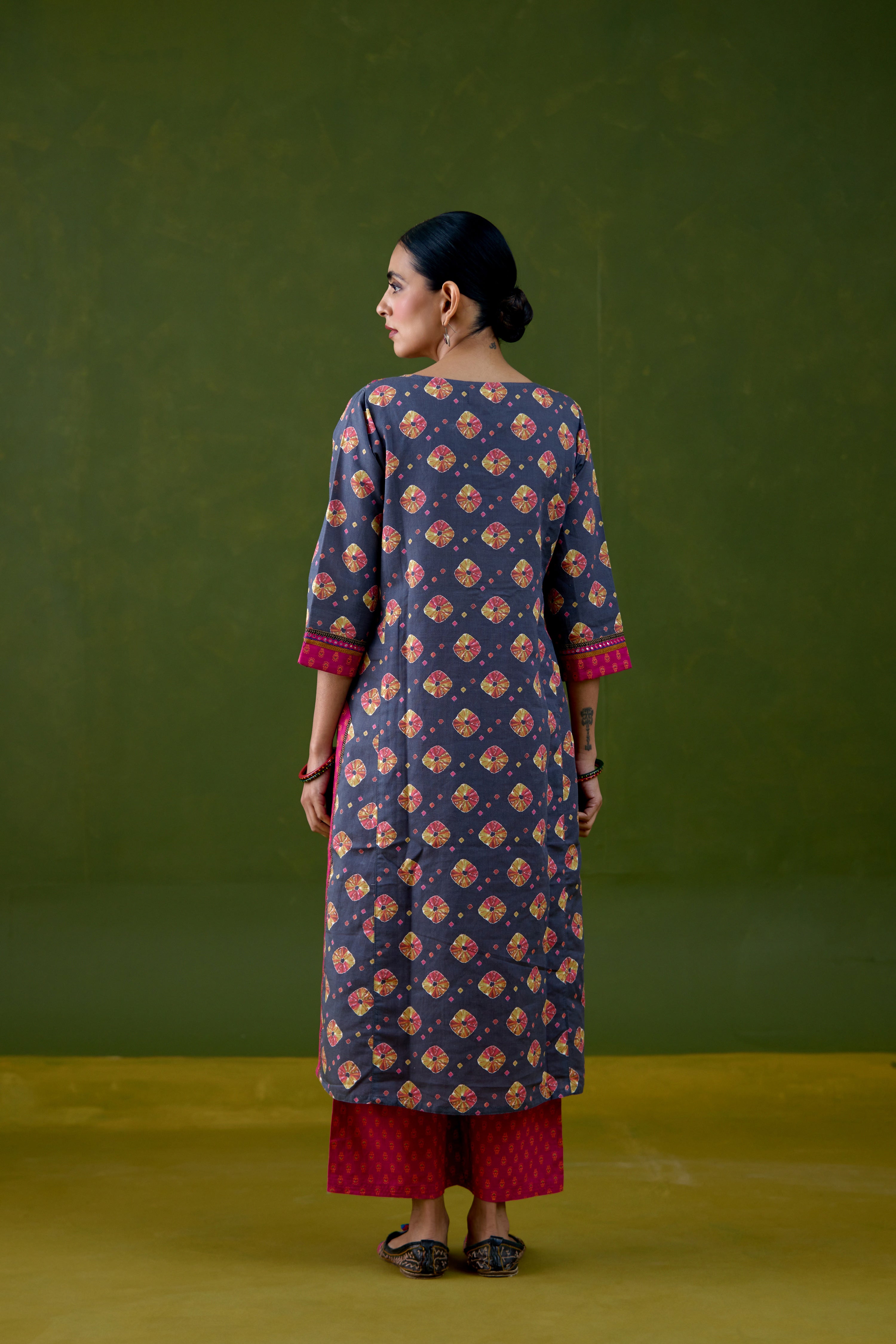 Rozana Linen Printed Kurta Grey Pink (Set Of 3)