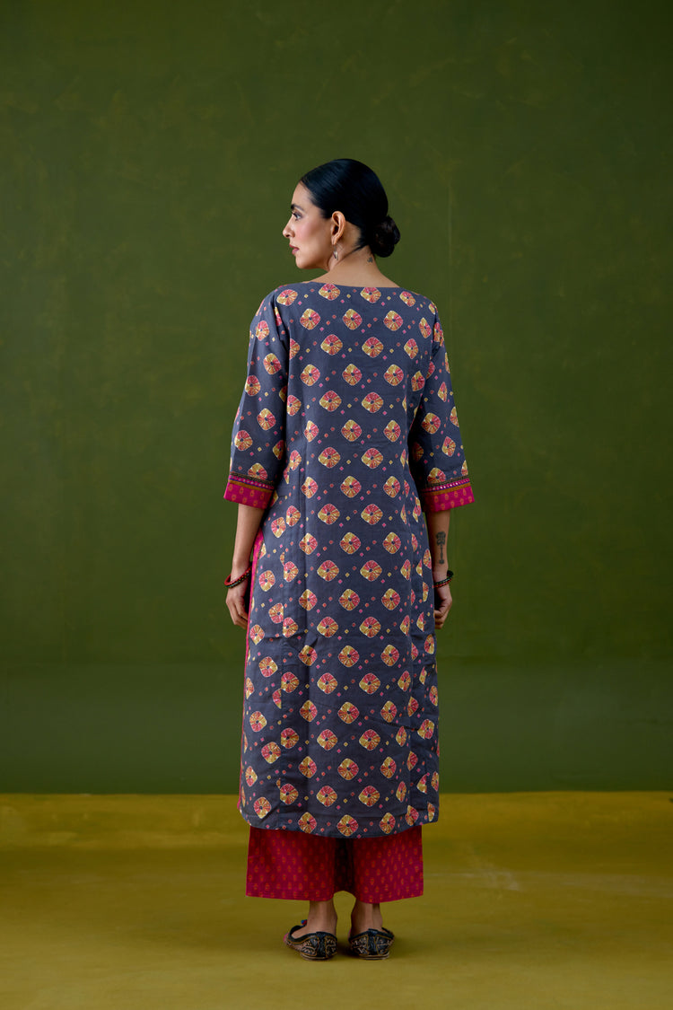 Rozana Linen Printed Kurta Grey Pink (Set Of 3)