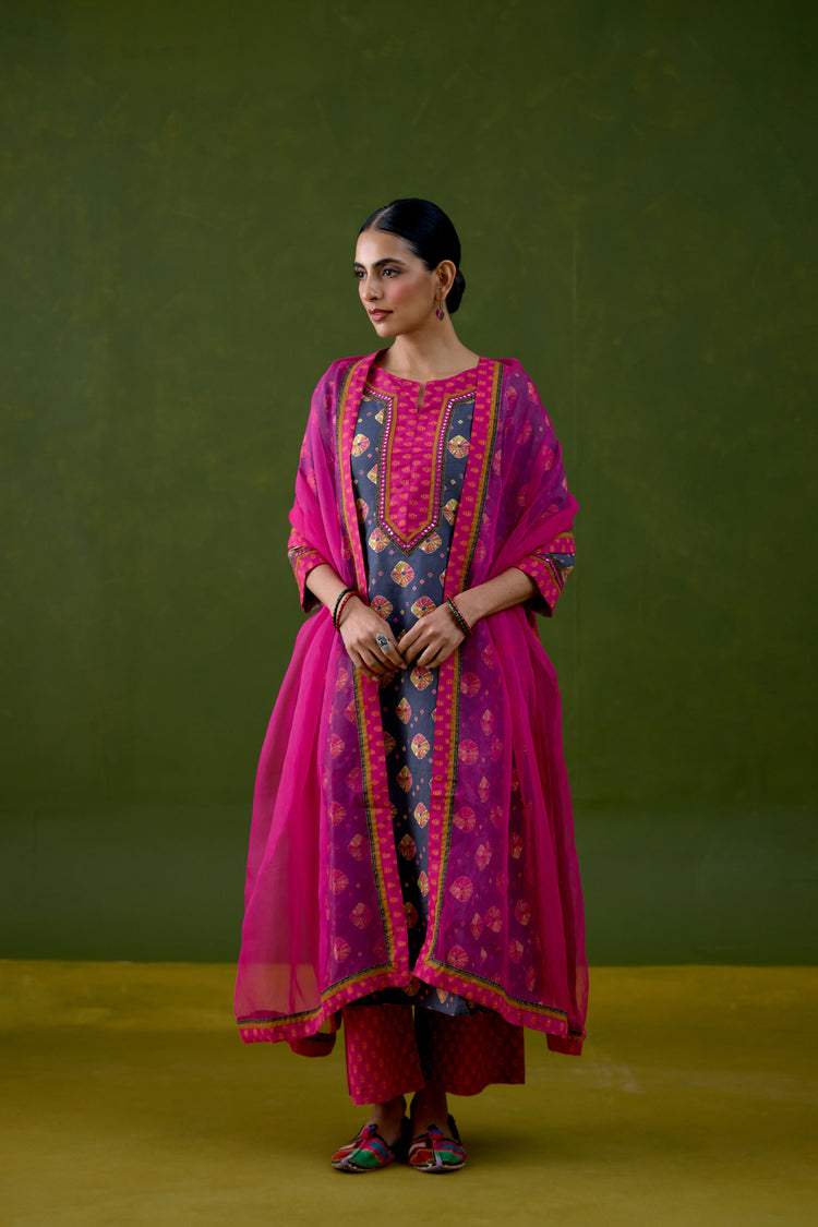 Rozana Linen Printed Kurta Grey Pink (Set Of 3)