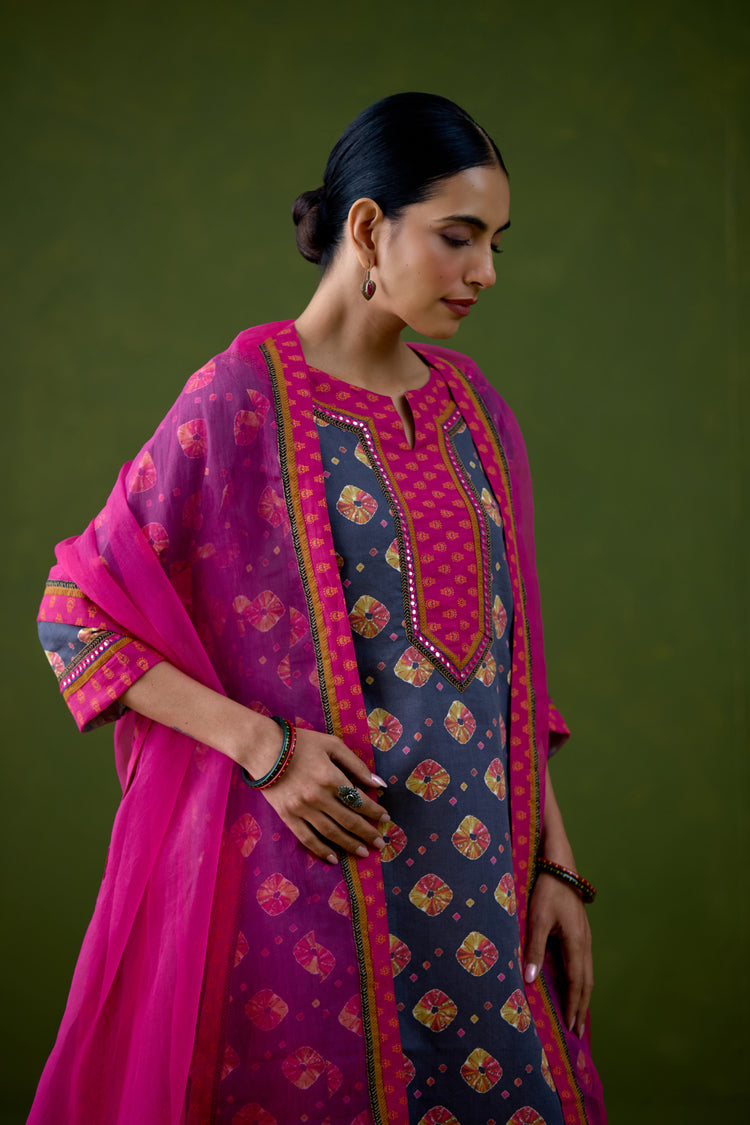 Rozana Linen Printed Kurta Grey Pink (Set Of 3)