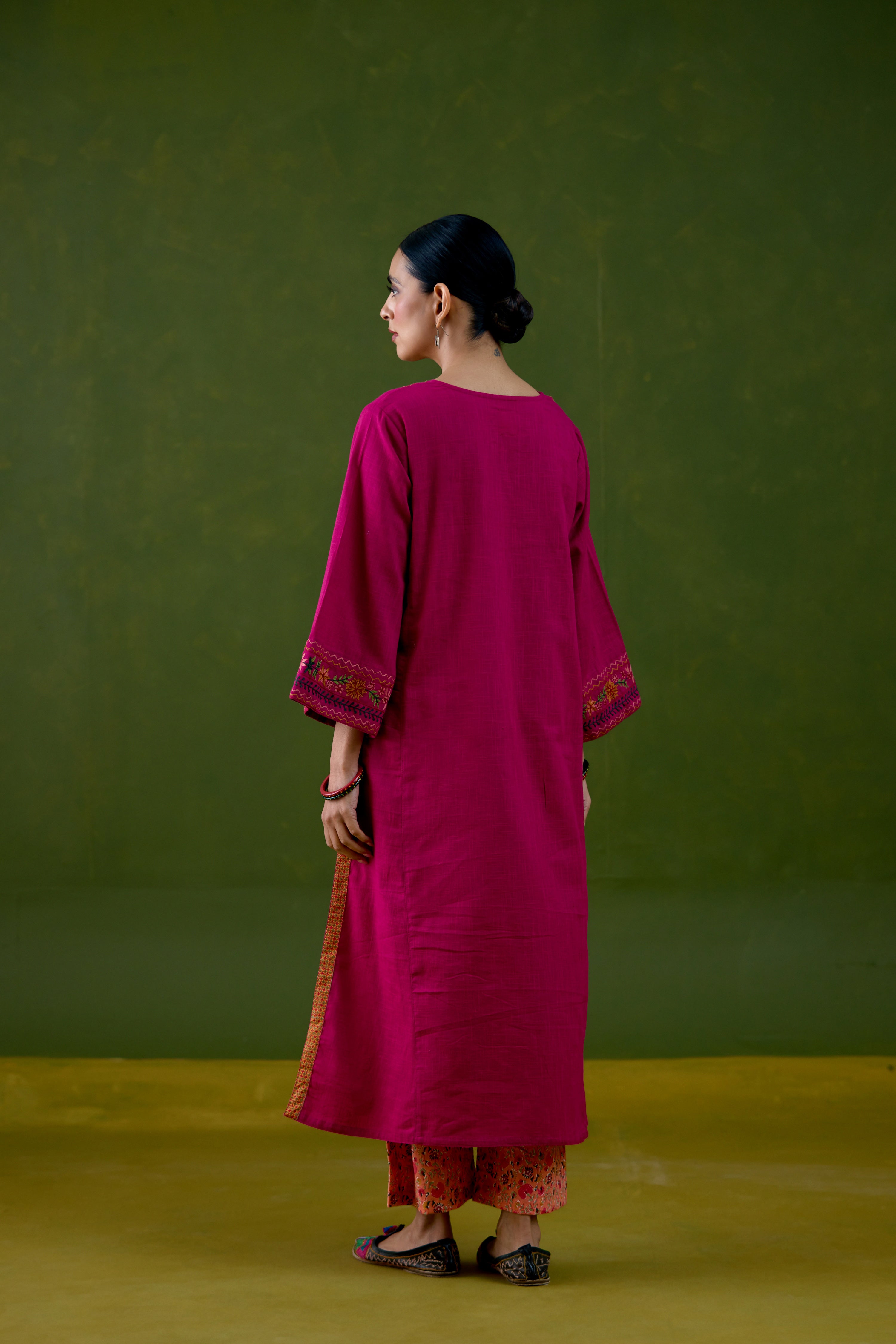 Elena Cotton Slub Embroidered Kurta Magenta