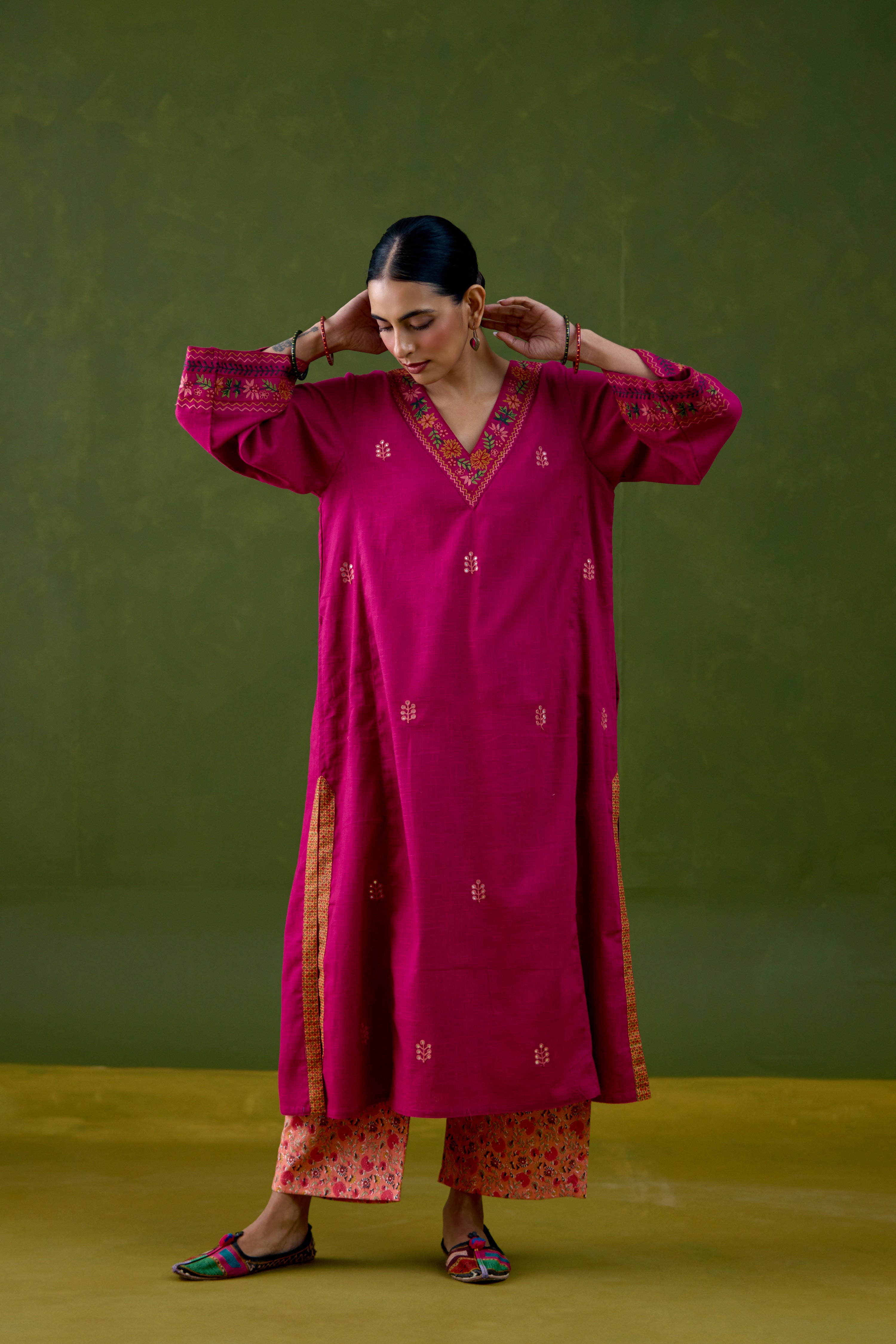 Elena Cotton Slub Embroidered Kurta Magenta