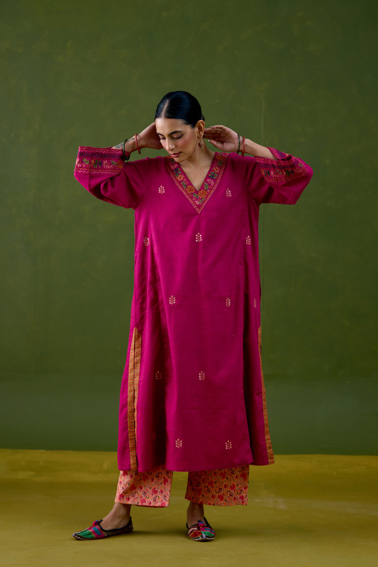 Elena Cotton Slub Embroidered Kurta Magenta
