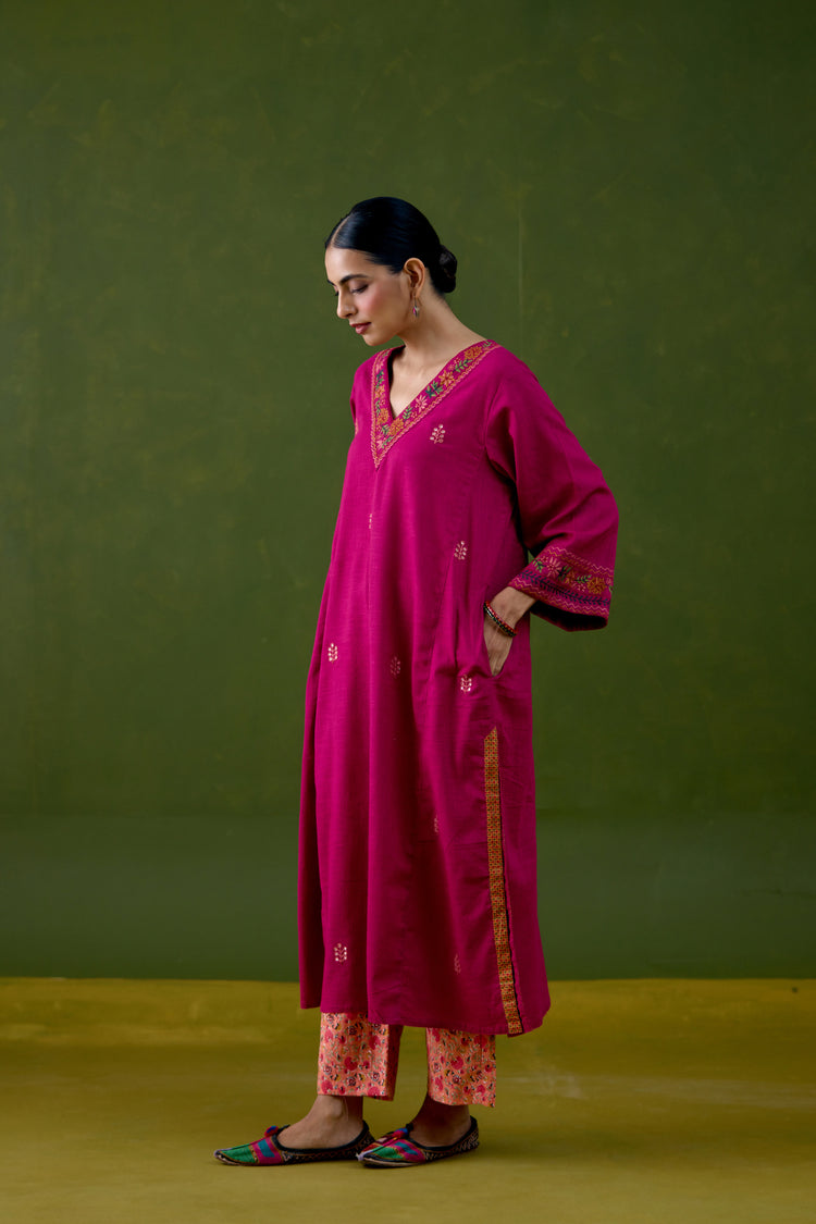 Elena Cotton Slub Embroidered Kurta Magenta