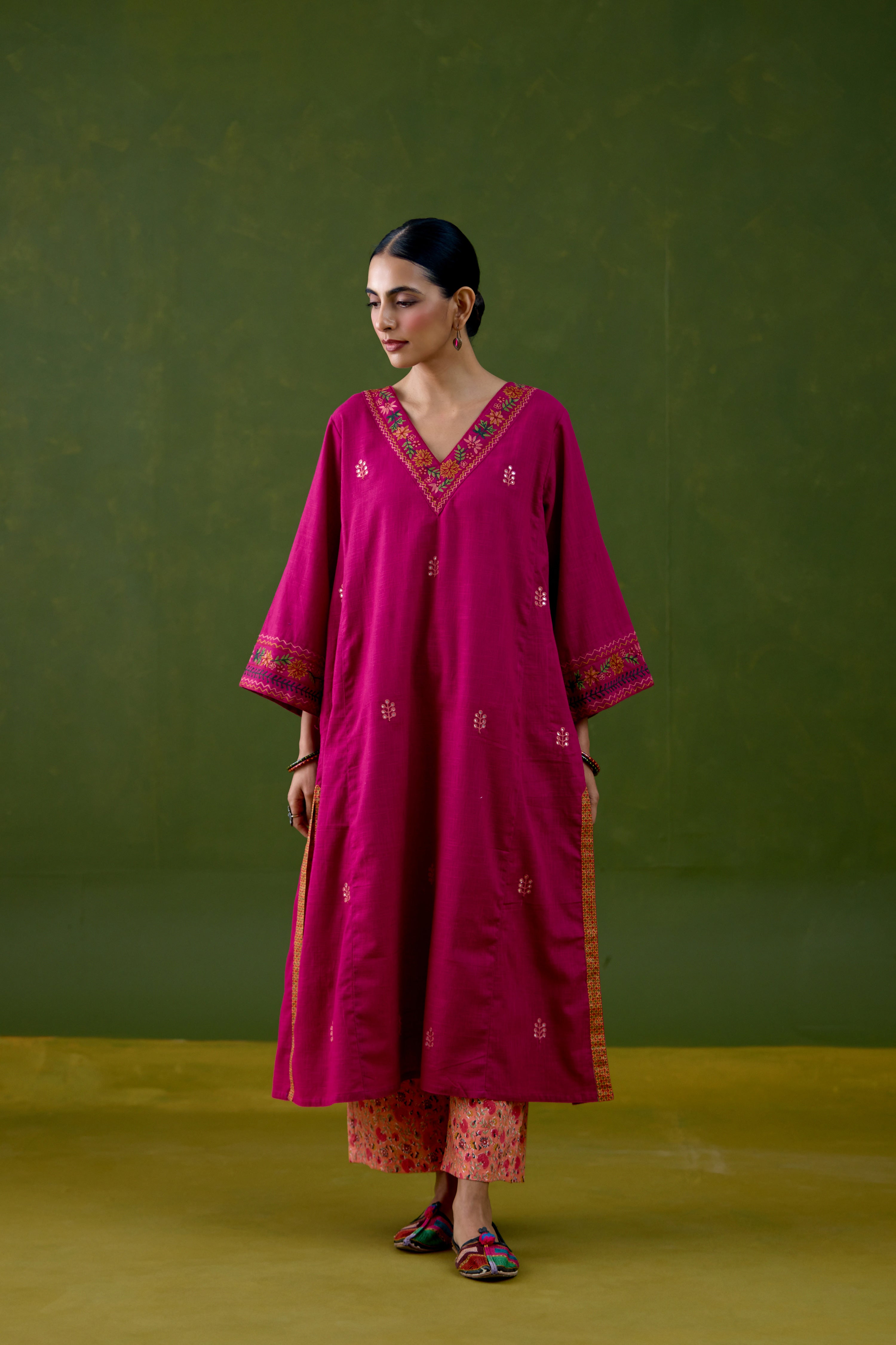 Elena Cotton Slub Embroidered Kurta Magenta
