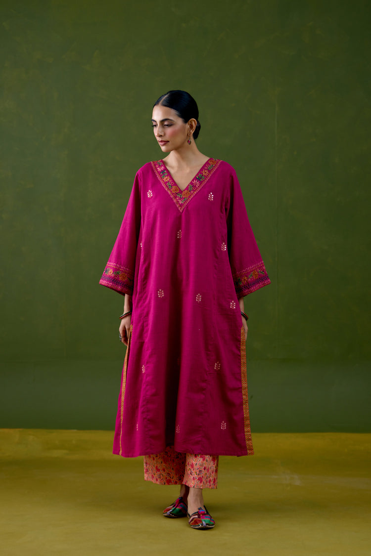 Elena Cotton Slub Embroidered Kurta Magenta
