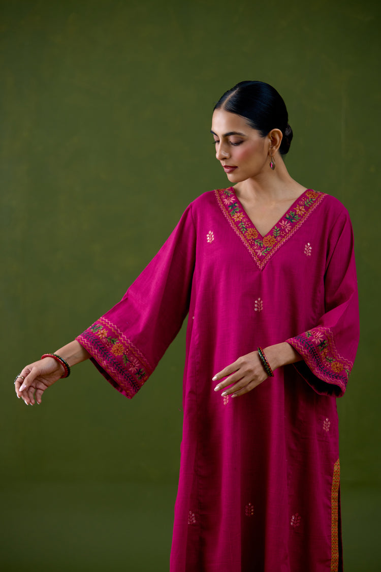 Elena Cotton Slub Embroidered Kurta Magenta