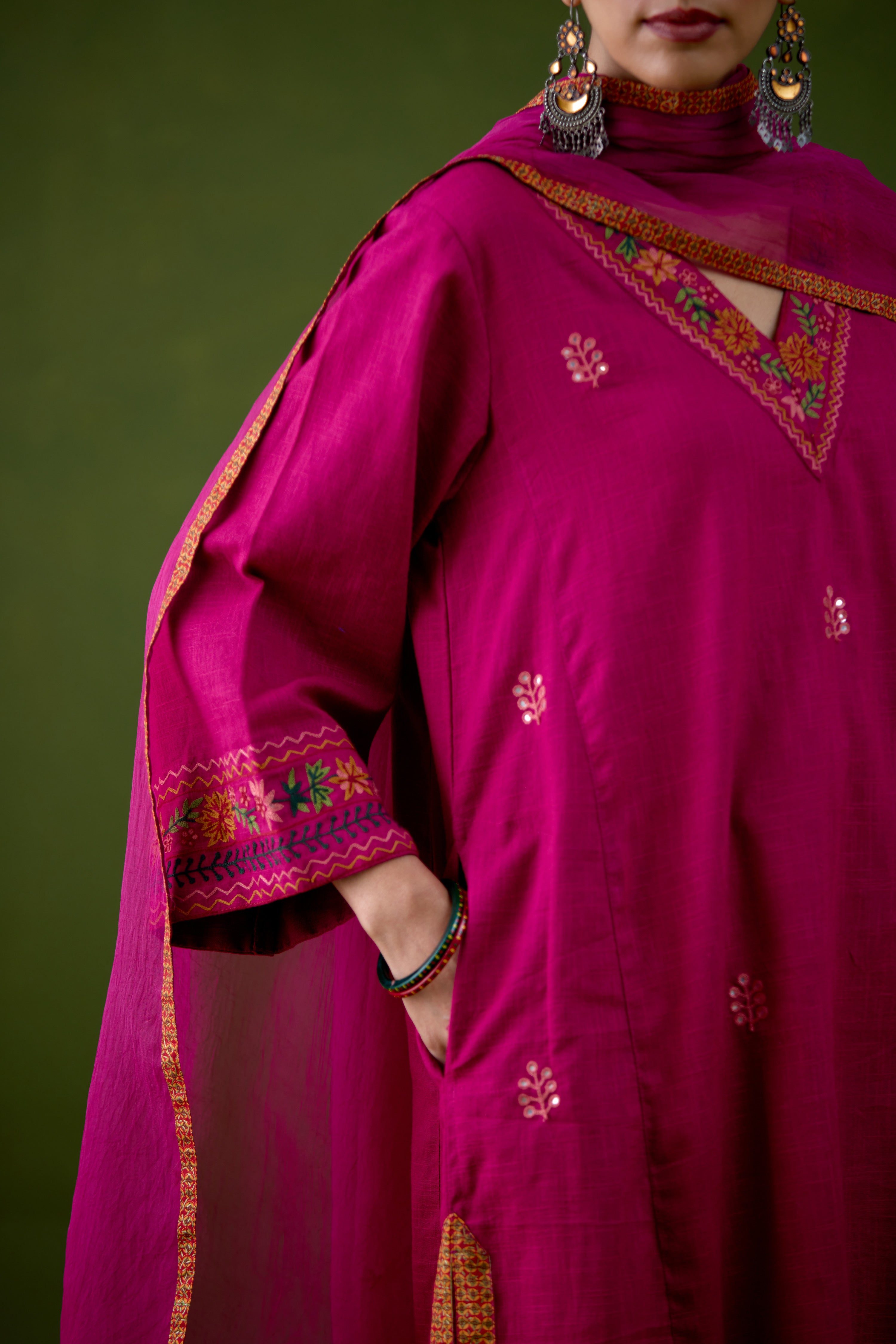 Elena Cotton Slub Embroidered Kurta Magenta