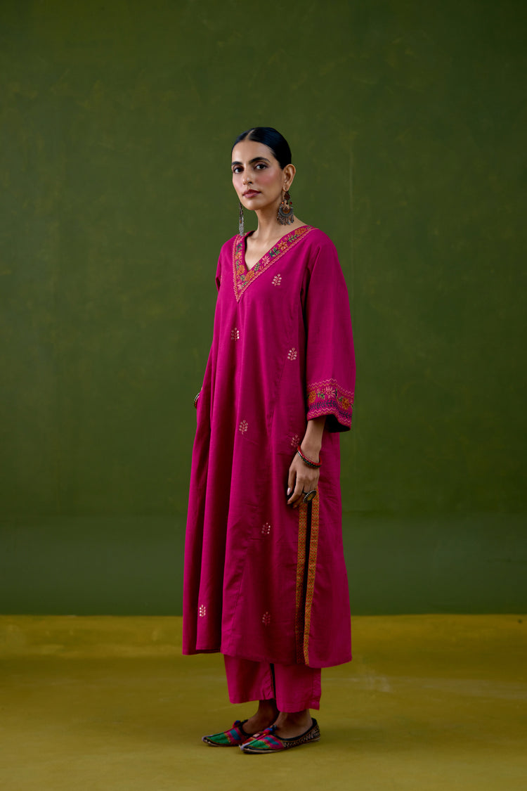 Elena Cotton Slub Embroidered Kurta Magenta