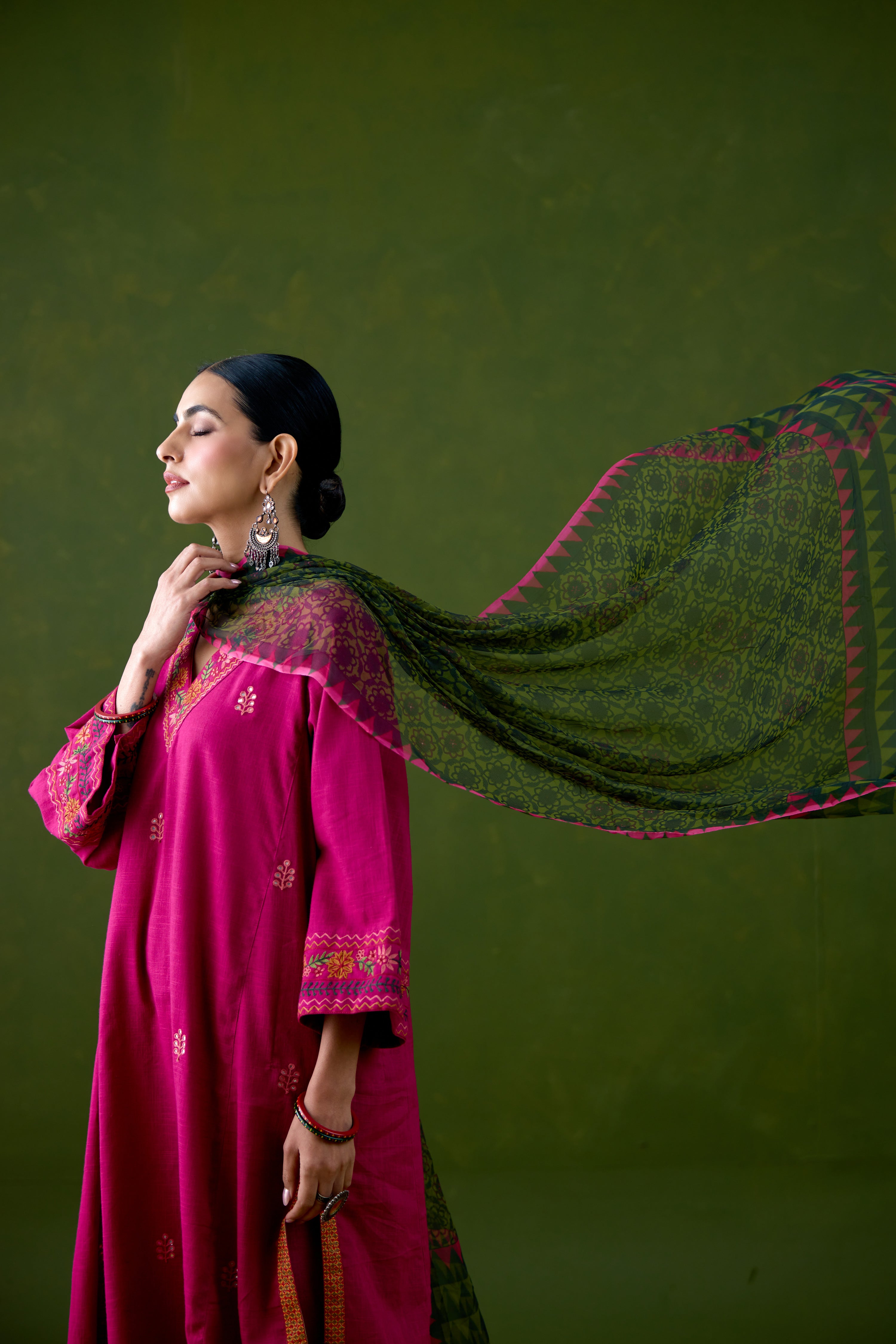 Elena Cotton Slub Embroidered Kurta Magenta