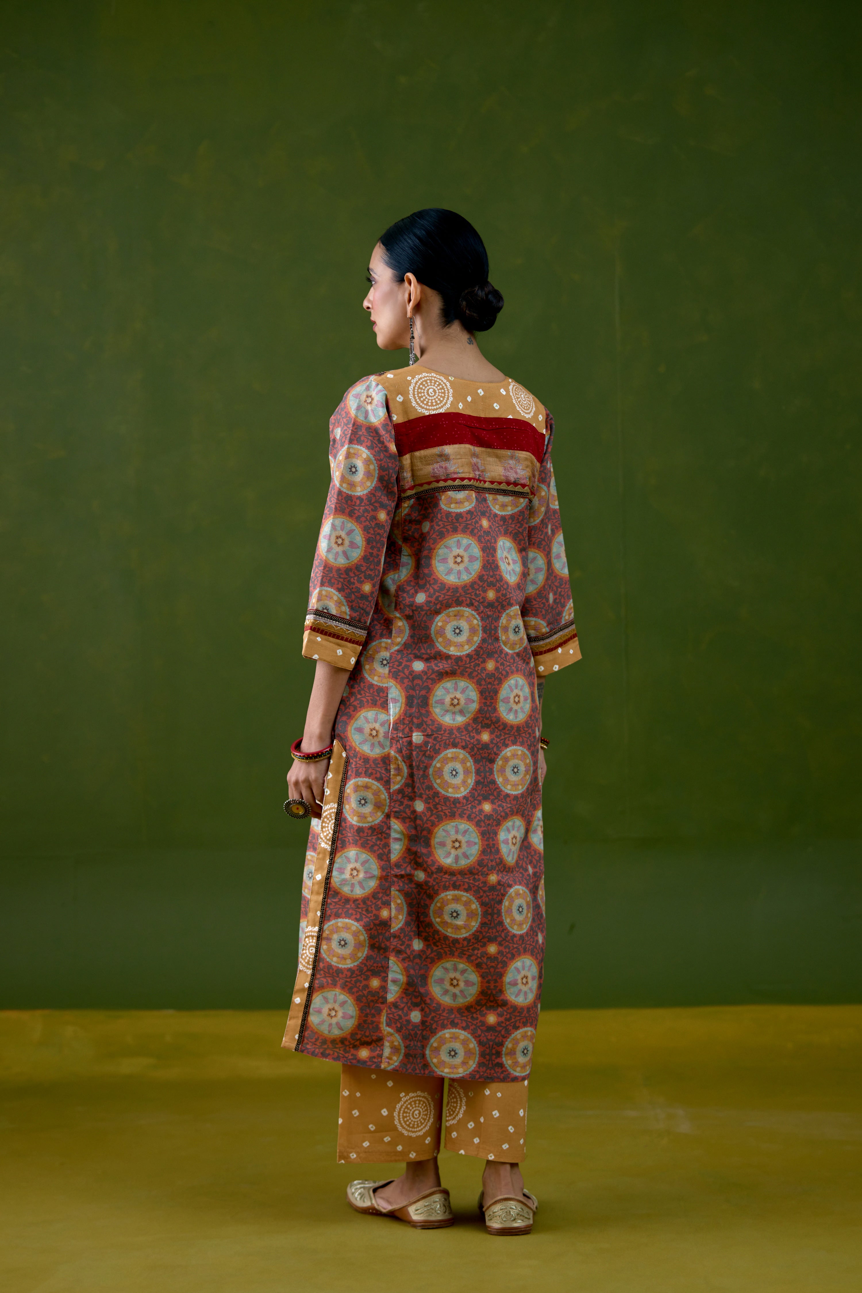 Rozana Linen Printed Kurta Peach Mustard (Set Of 3)