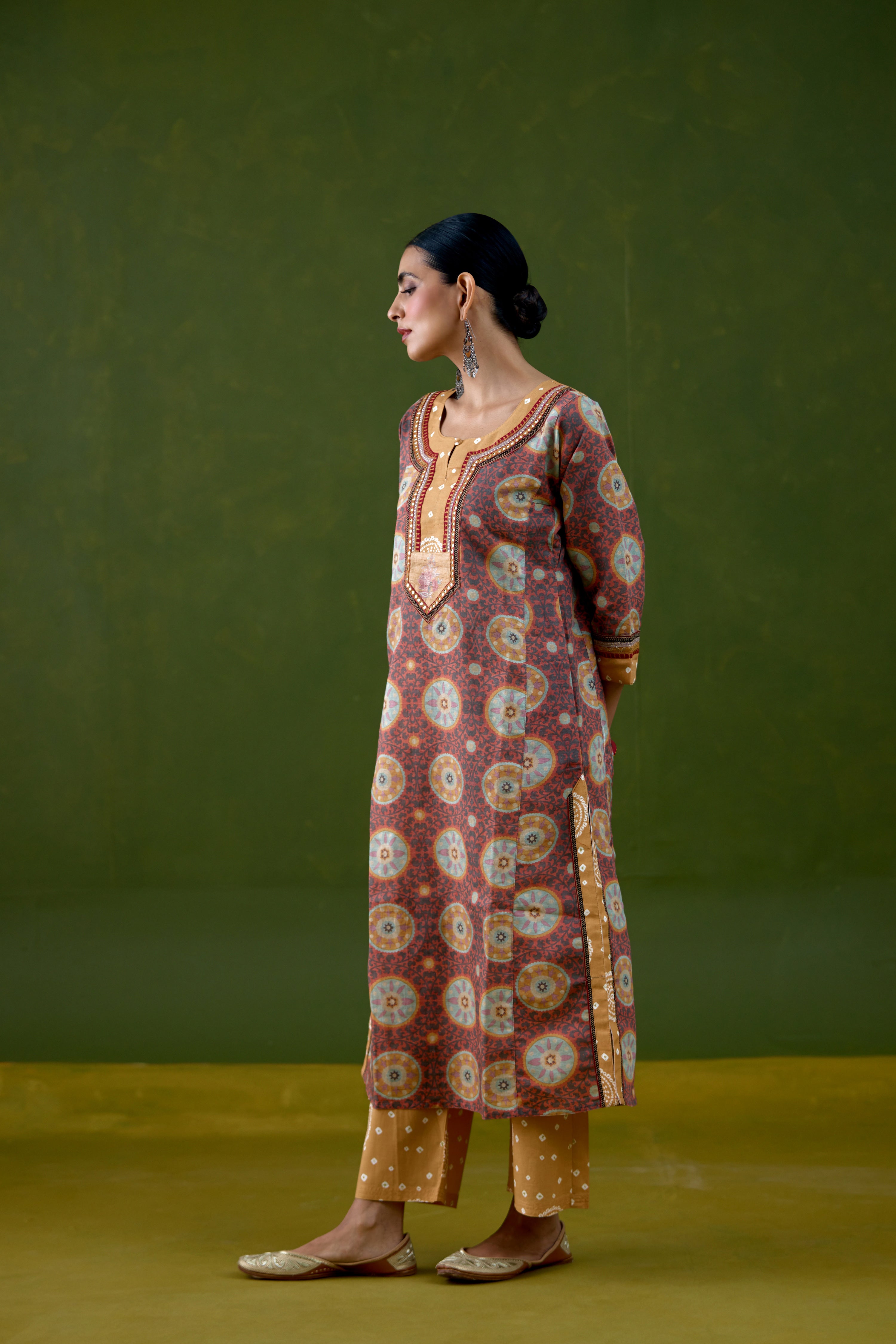 Rozana Linen Printed Kurta Peach Mustard