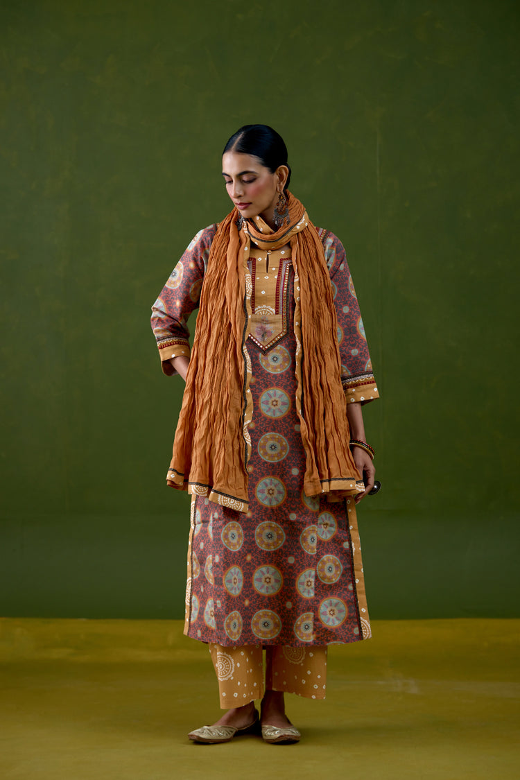 Rozana Linen Printed Kurta Peach Mustard (Set Of 3)