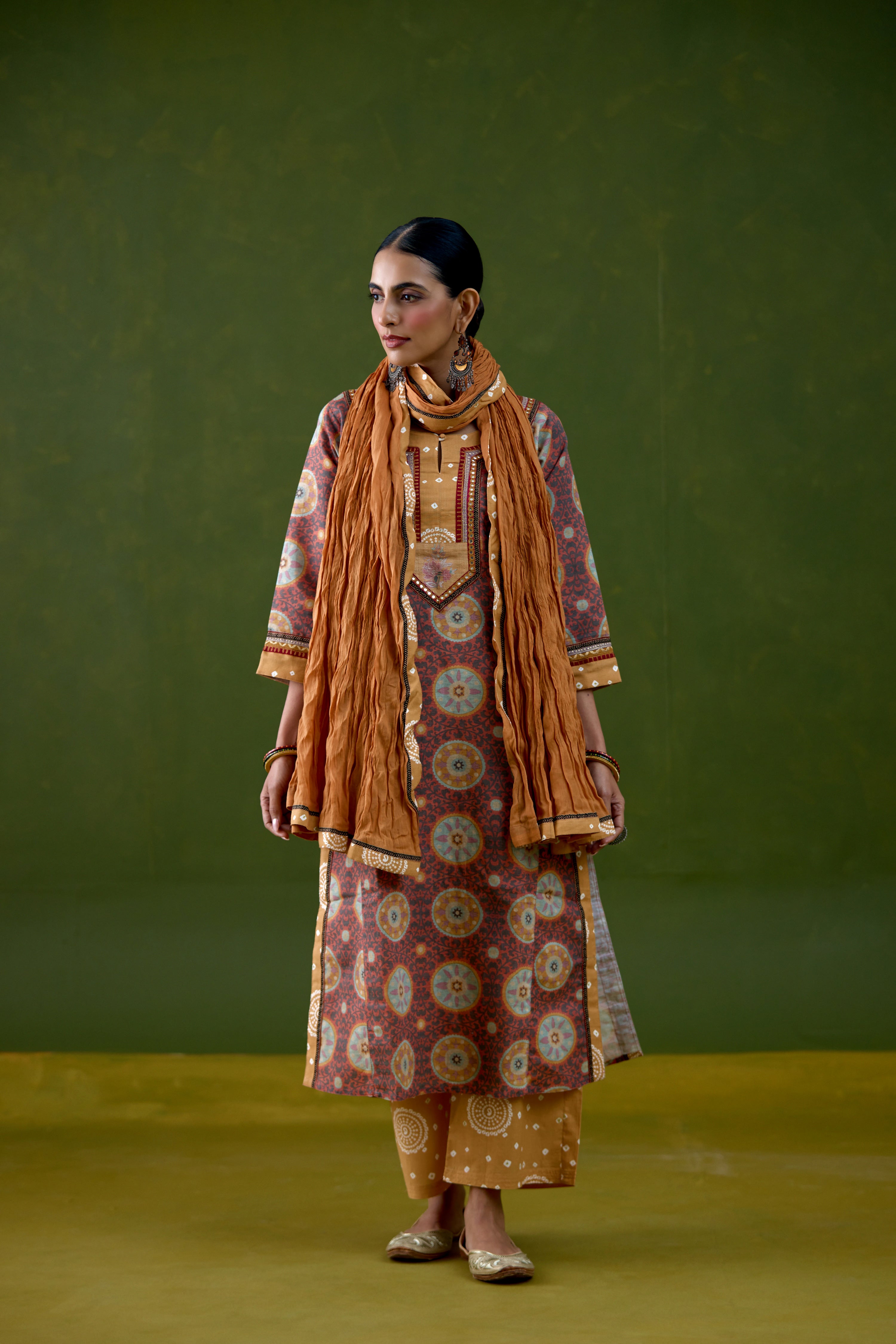 Rozana Linen Printed Kurta Peach Mustard (Set Of 3)